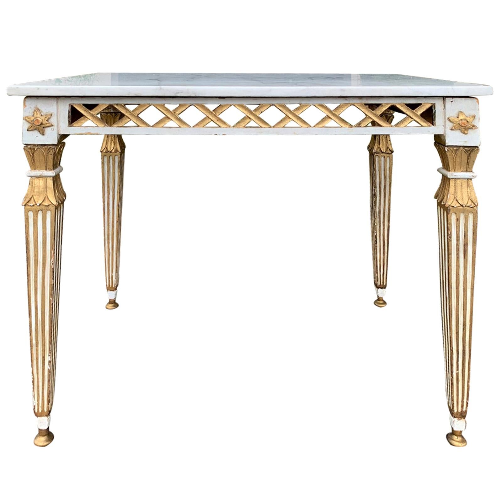 19th Century Italian White and Gilt Painted Side Table with White Marble Top