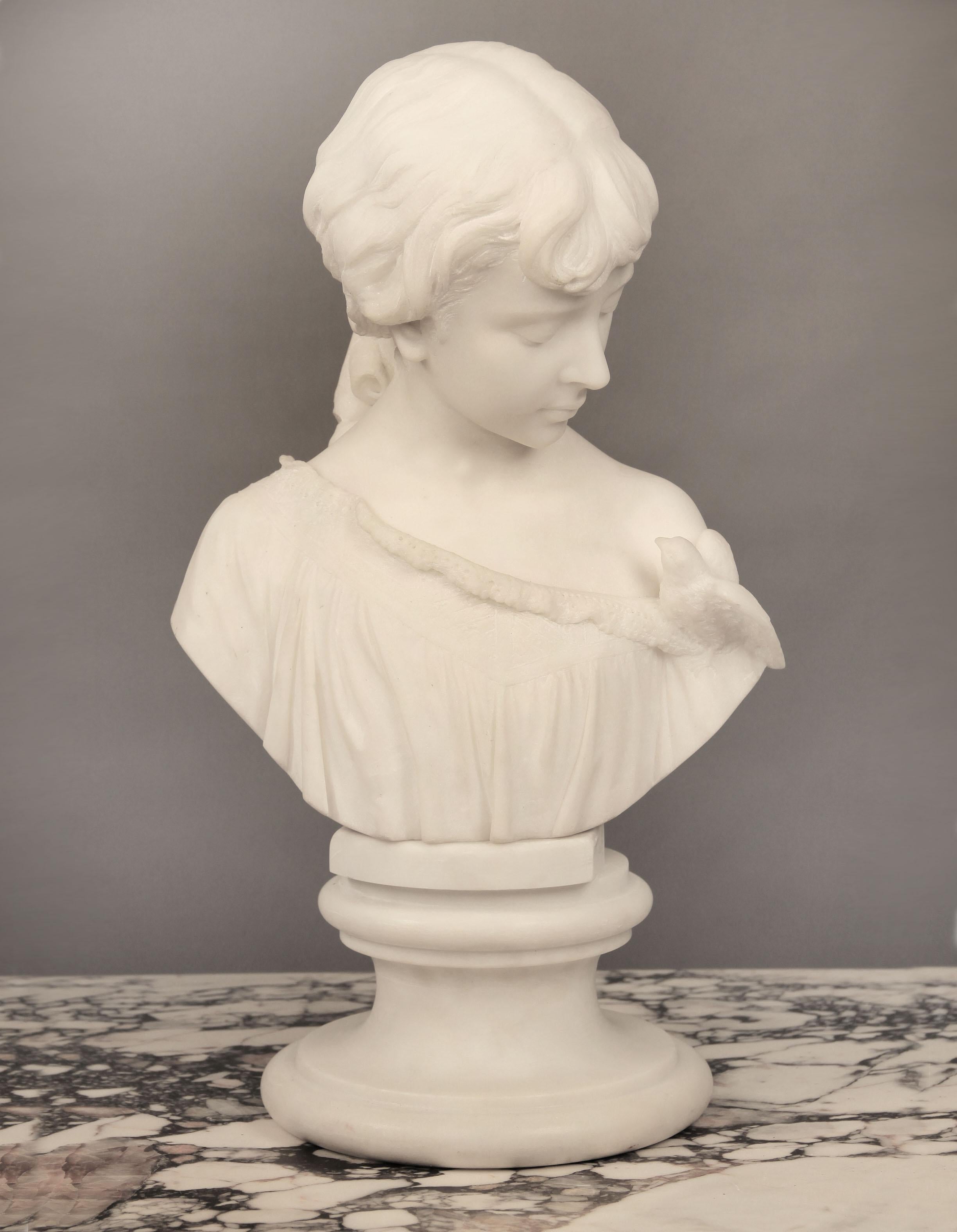 A Nice Late 19th Century Italian White Carrara Marble Bust of a Woman and a Dove by Pietro Bazzanti

The young lady and bird glaring at each other.

Signed Galleria P. Bazzanti, P. Gesti Firenze on the back.

Pietro Bazzanti was a central figure in