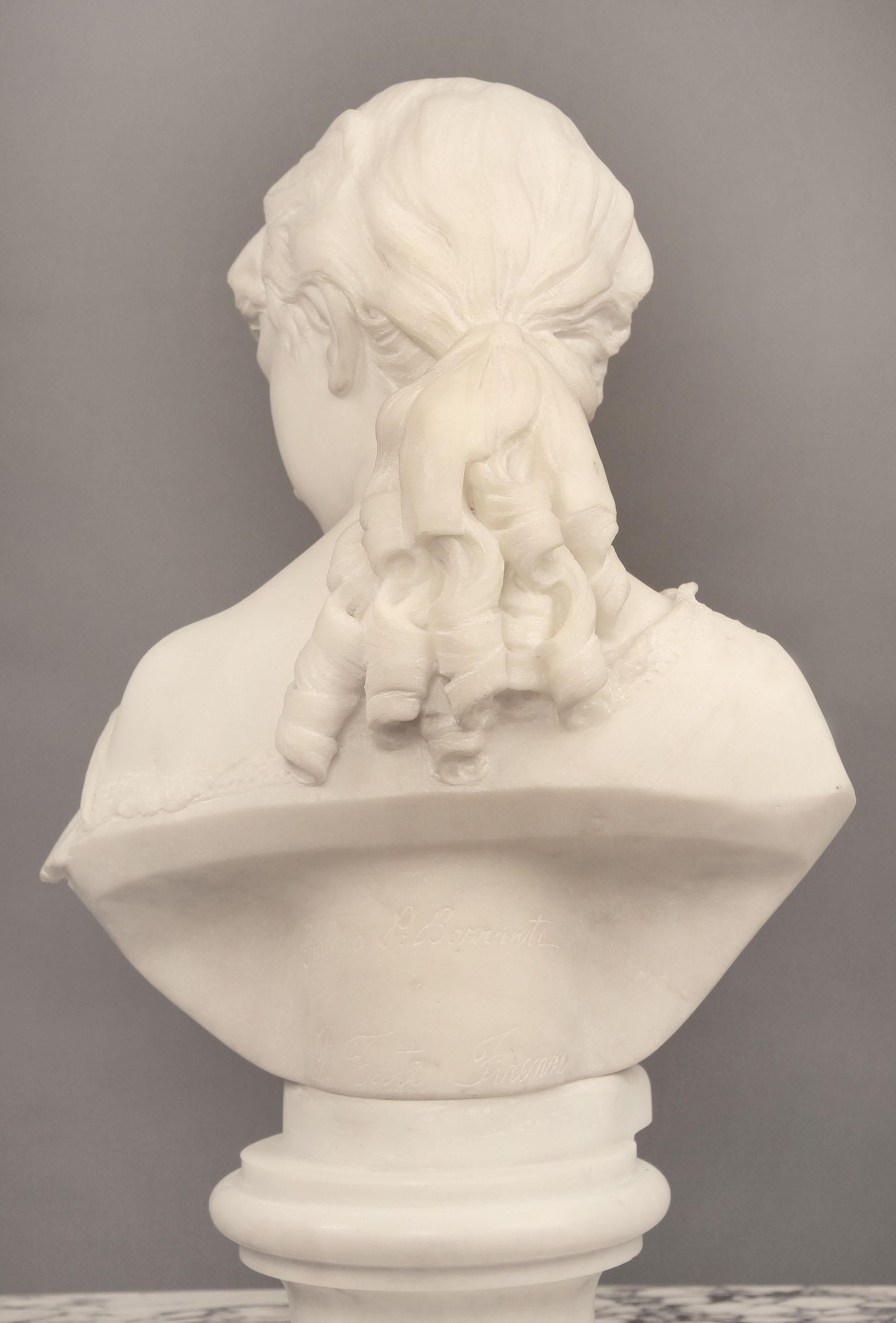Hand-Carved 19th Century Italian White Carrara Marble Bust of a Woman - Pietro Bazzanti For Sale