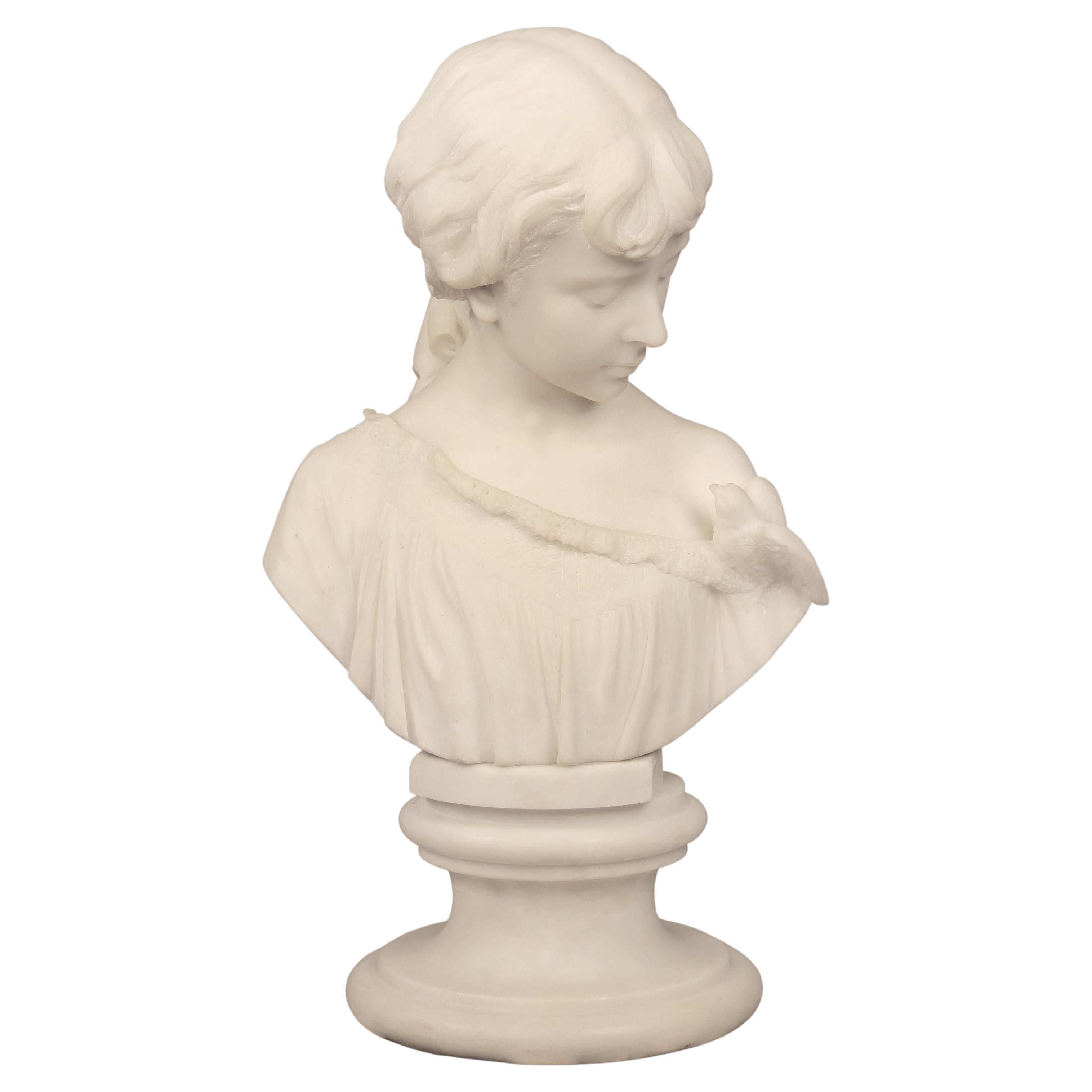 19th Century Italian White Carrara Marble Bust of a Woman - Pietro Bazzanti For Sale