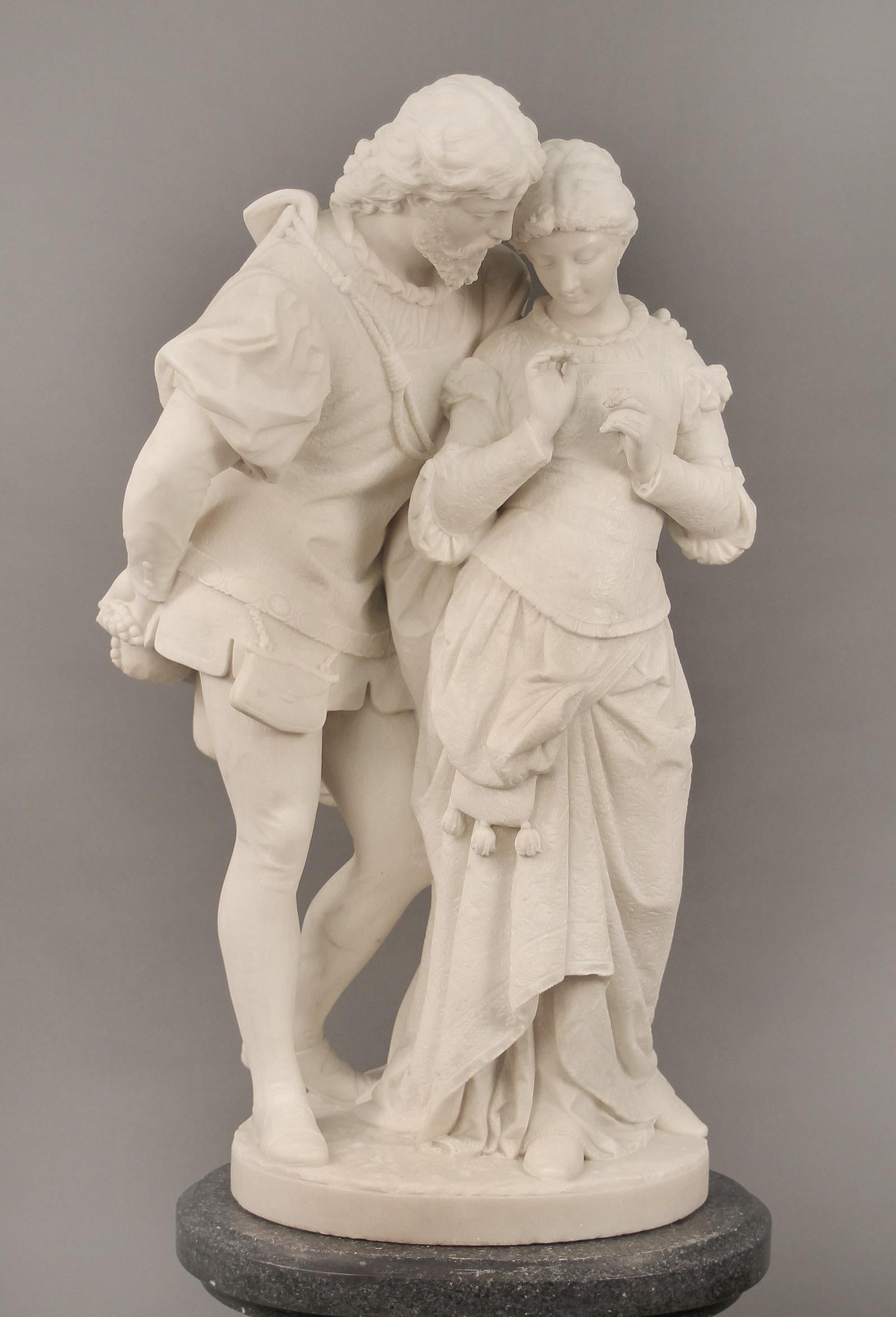 A fantastic late 19th century Italian white Carrara marble entitled “Paolo and Francesca” by Pasquale Romanelli

The finely carved sculpture depicting a scene from Dante’s Divine comedy wherein the doomed Paolo embraces Francesca. Standing on a