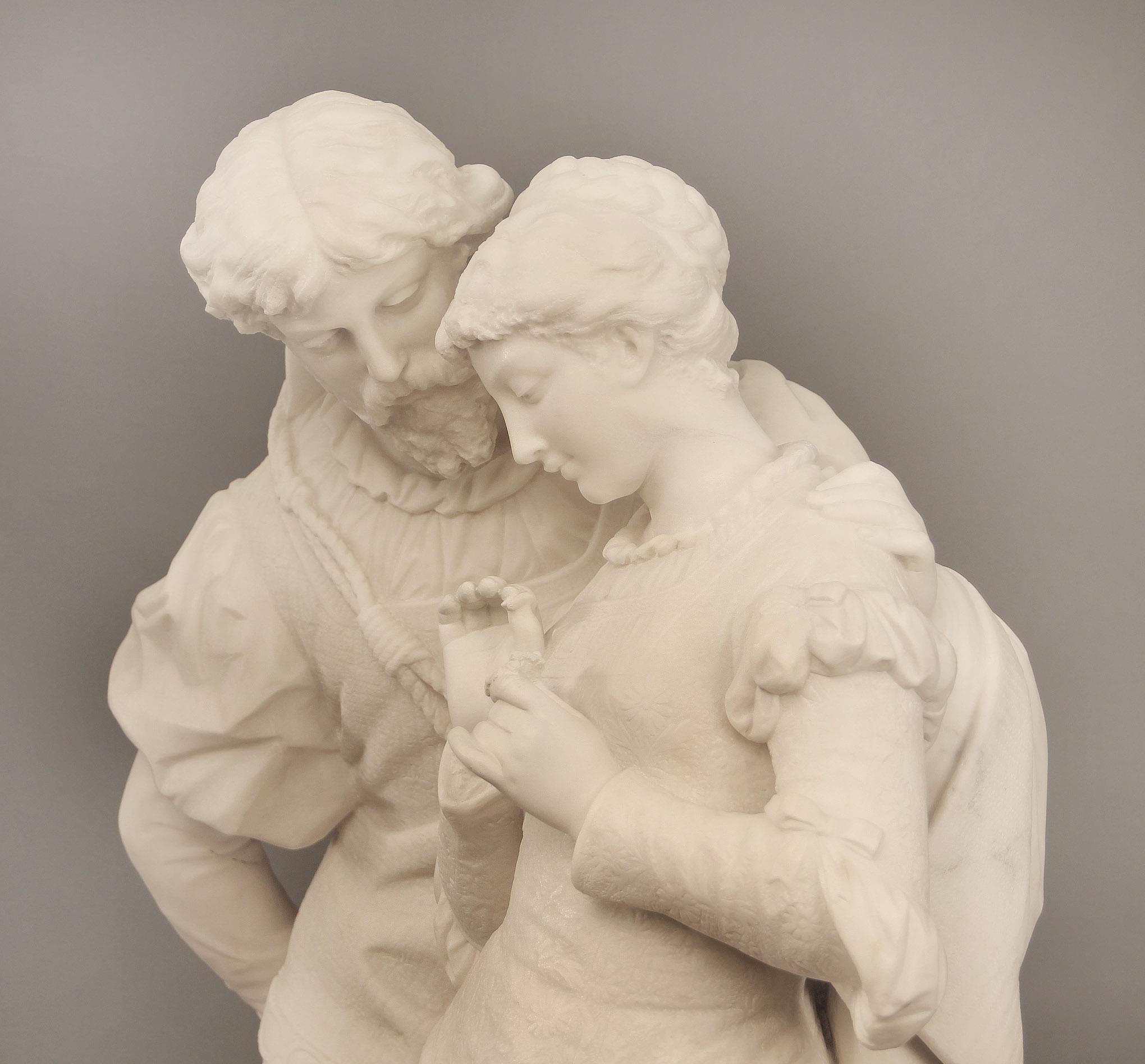 Hand-Carved 19th Century Italian White Carrara Marble, “Paolo and Francesca” by Romanelli For Sale