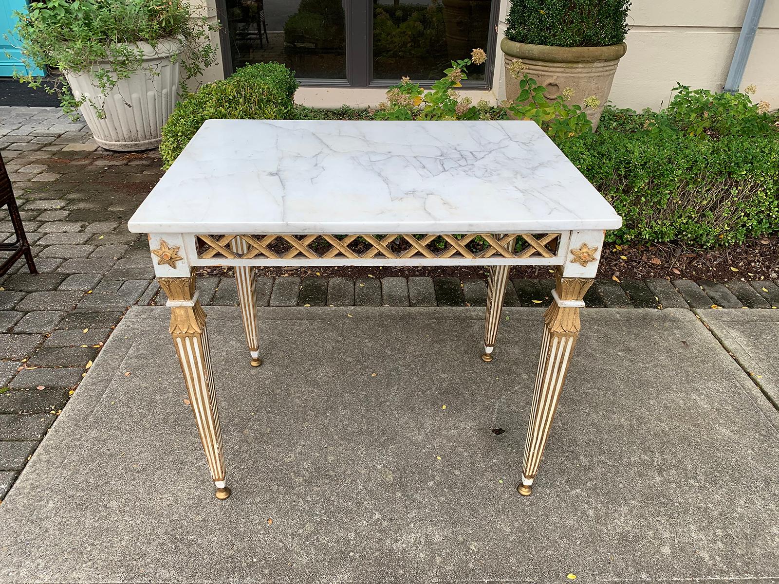 Hand-Carved 19th Century Italian White and Gilt Painted Side Table with White Marble Top
