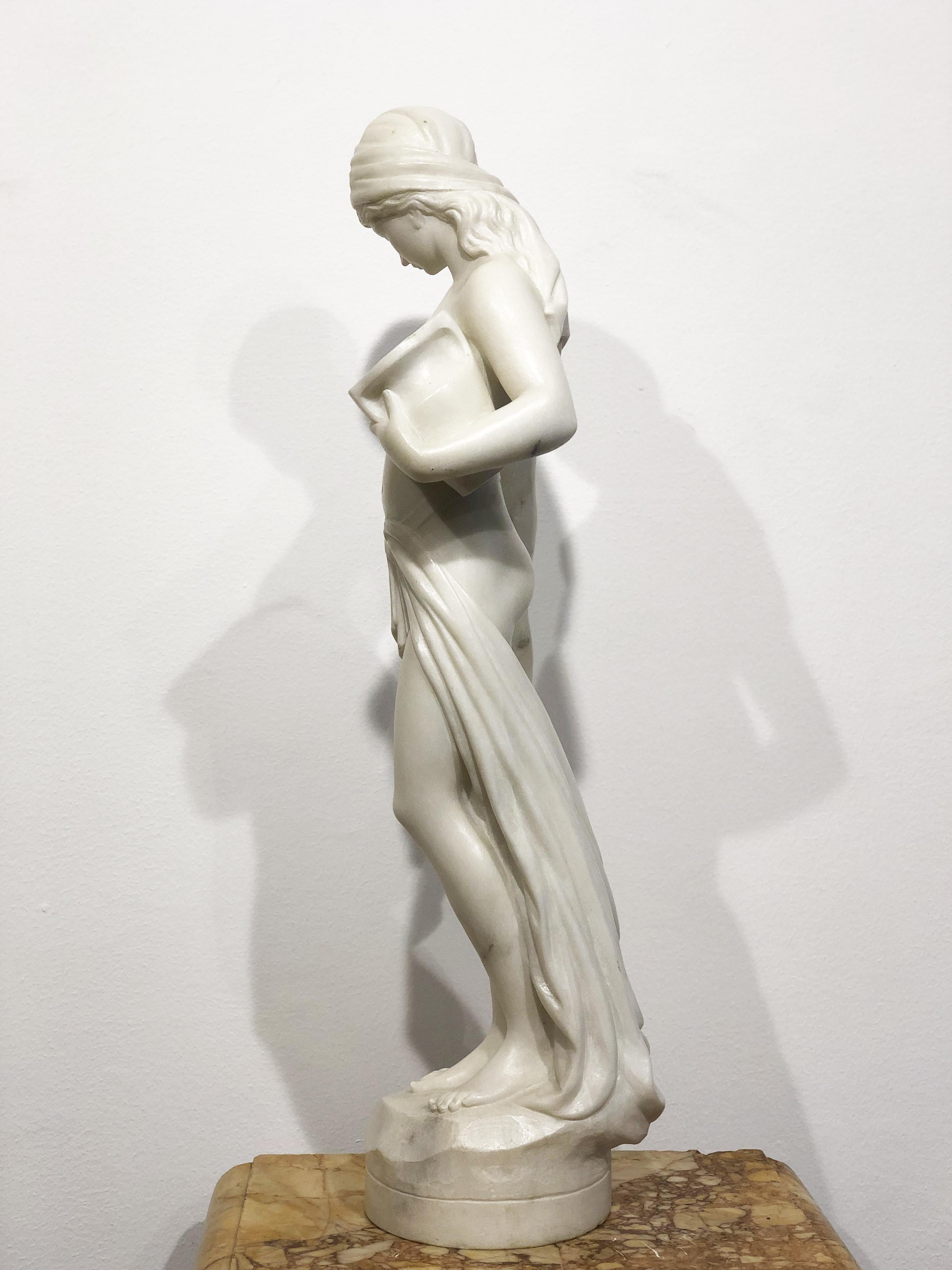 Hand-Carved 19th Century Italian White Marble Neoclassical Sculpture of Young Woman Frilli