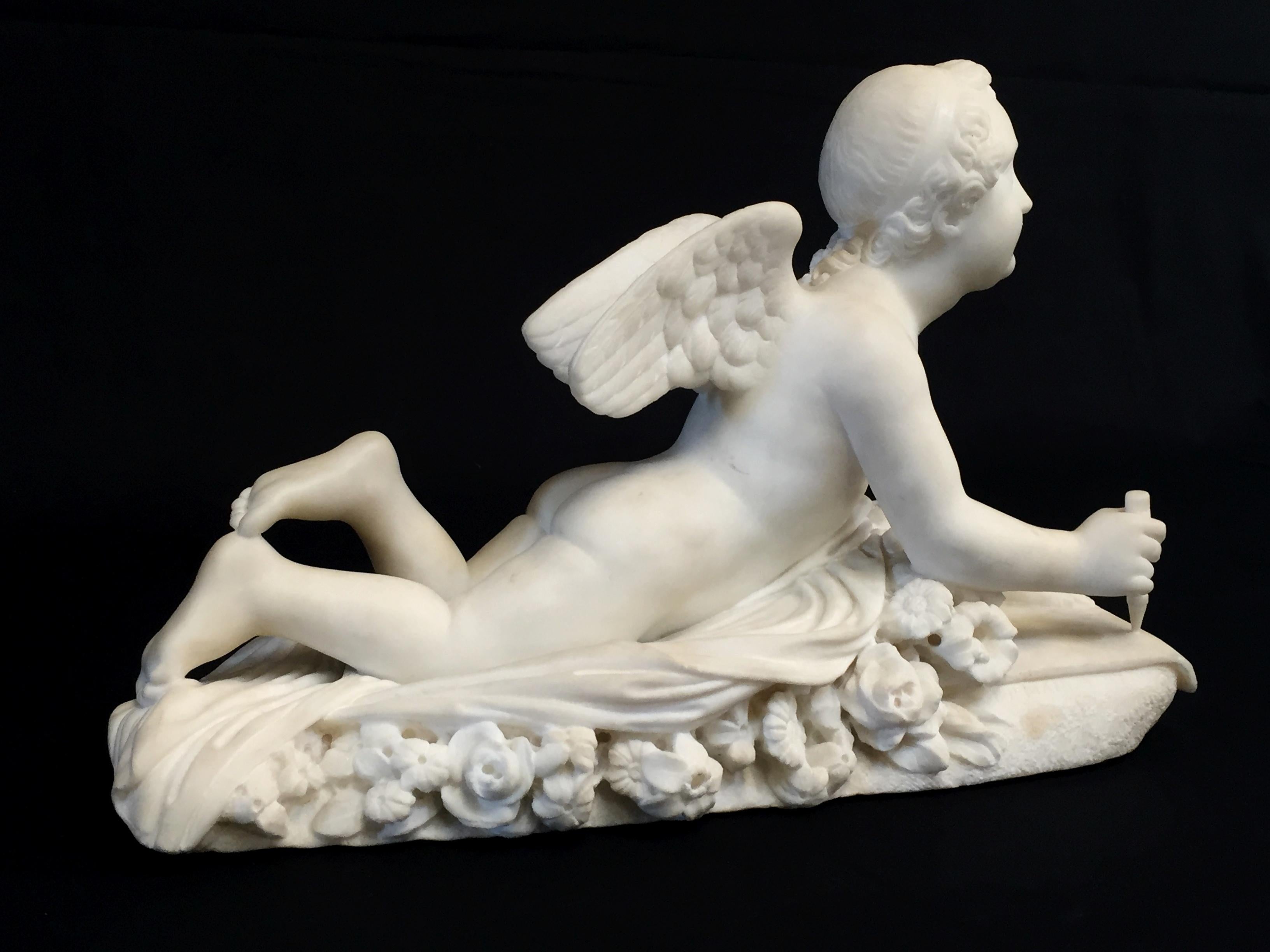 19th century, Italian white marble sculpture by Pompeo Marchesi with cupid, Italy, 1840

This valuable sculpture, made in white marble in 1840, is a work signed by Pompeo Marchesi.
It represents a cupid who writes. The cupid is the mythological