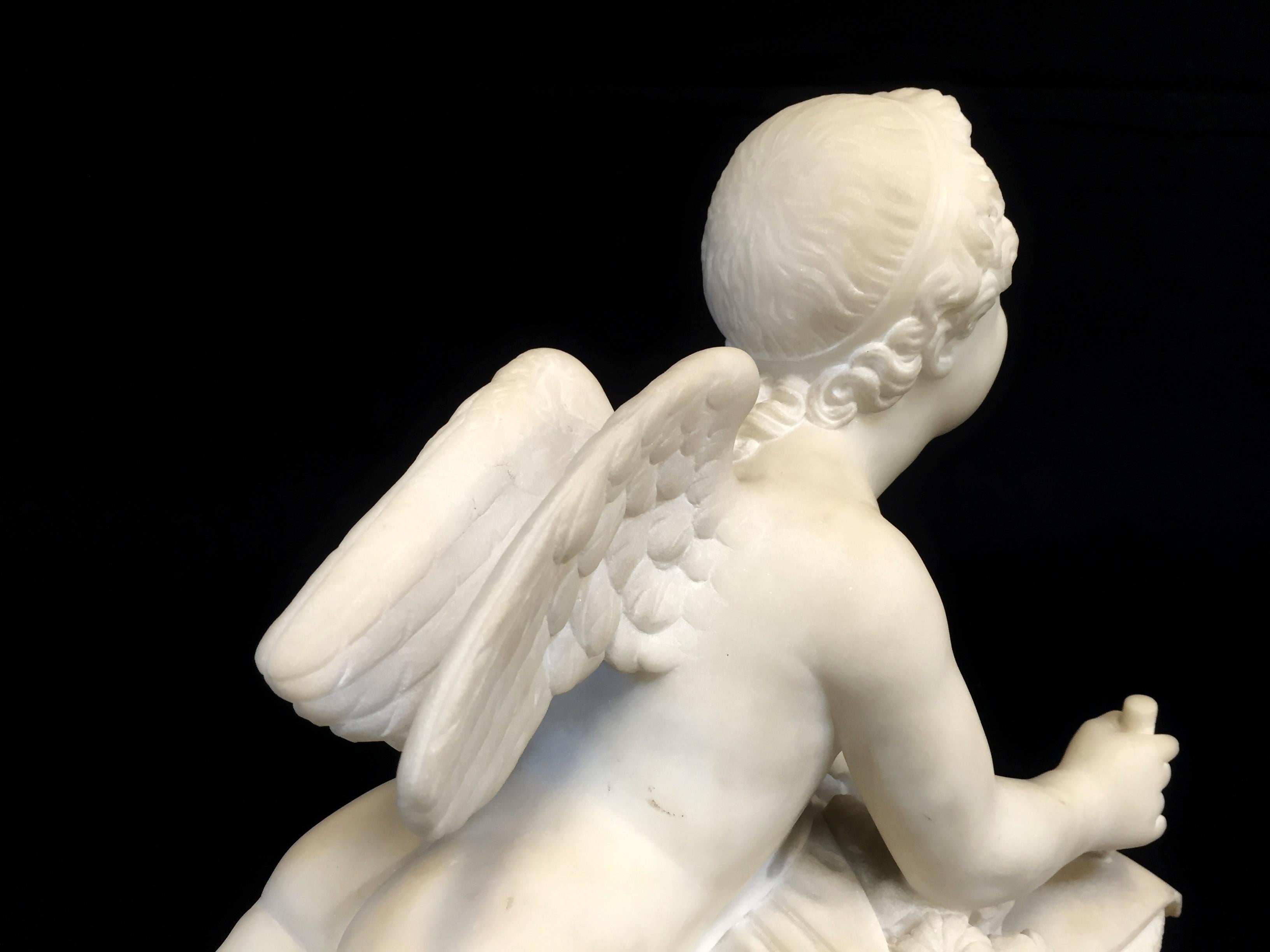 Hand-Carved 19th Century, Italian White Marble Sculpture by Pompeo Marchesi with Cupid, 1840 For Sale