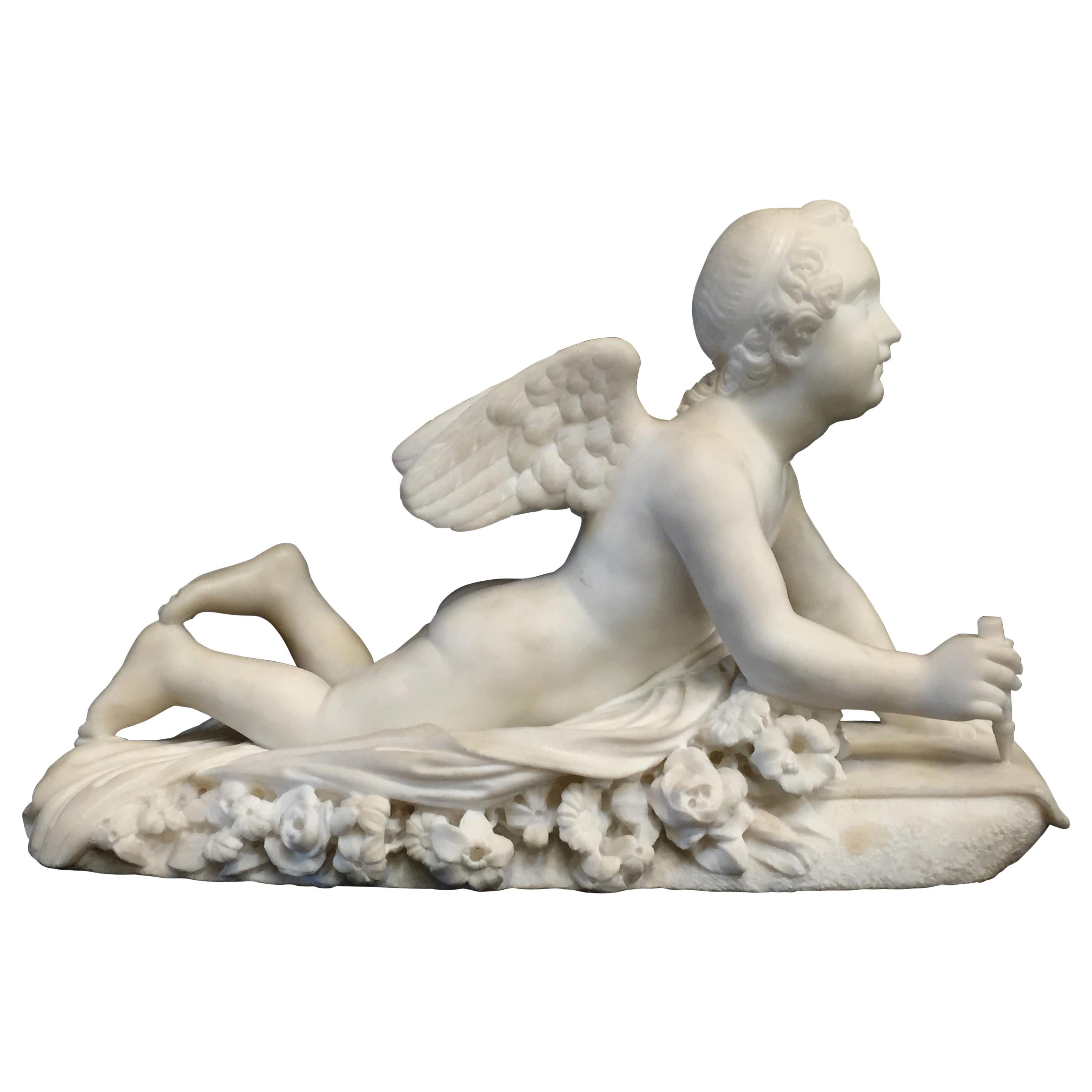 19th Century, Italian White Marble Sculpture by Pompeo Marchesi with Cupid, 1840 For Sale