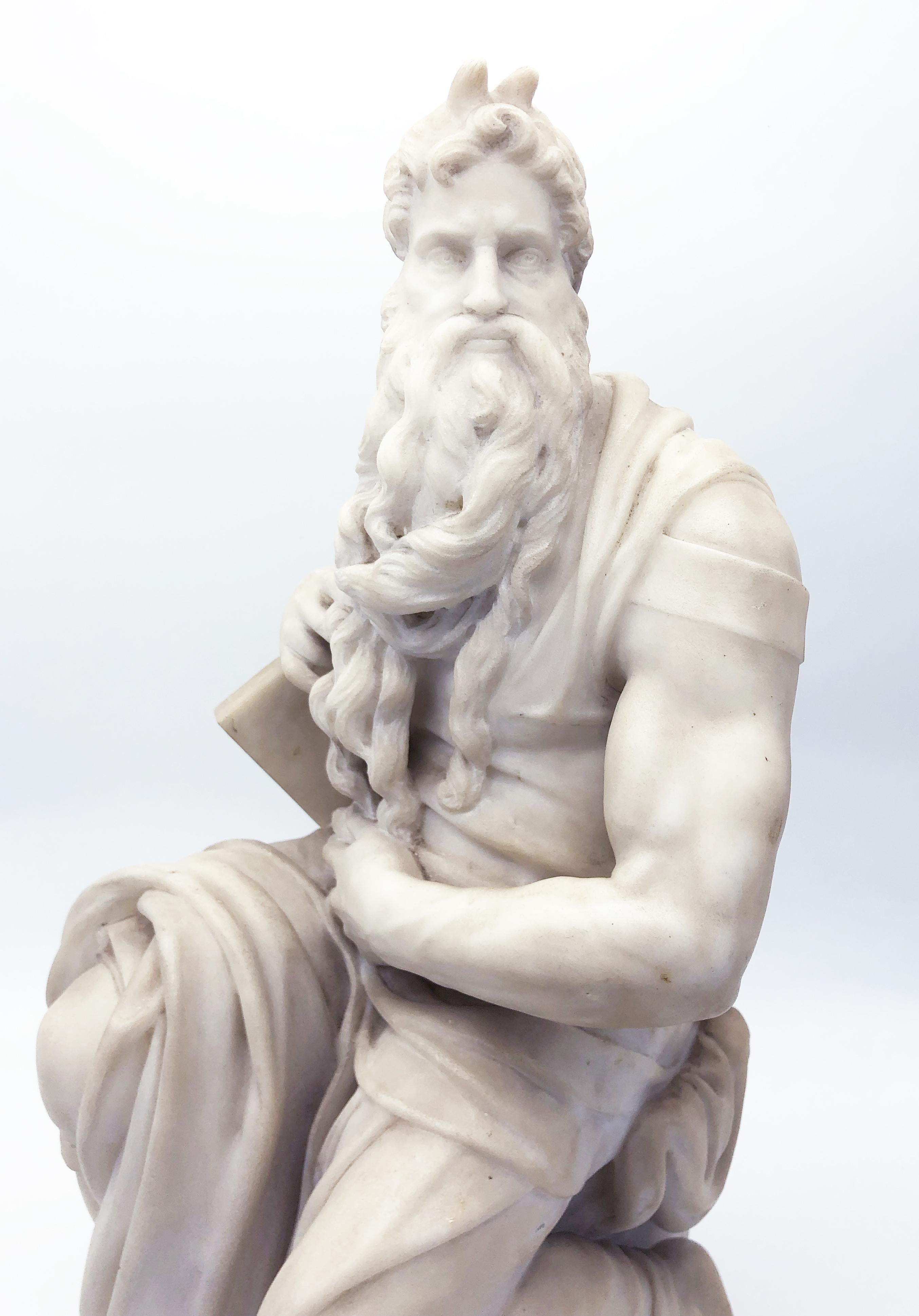 Hand-Carved 19th Century Italian White Marble Sculpture of Mosè after Michelangelo