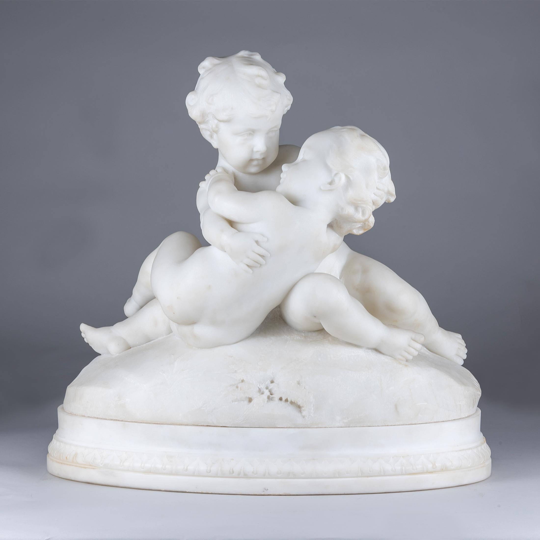 An exquisite Italian Carrara marble sculpture of two Cherubs embracing tenderly by Puji.

Artist: Puji
Origin: Italian
Date: 19th century
Size: 20 in x 20 in.