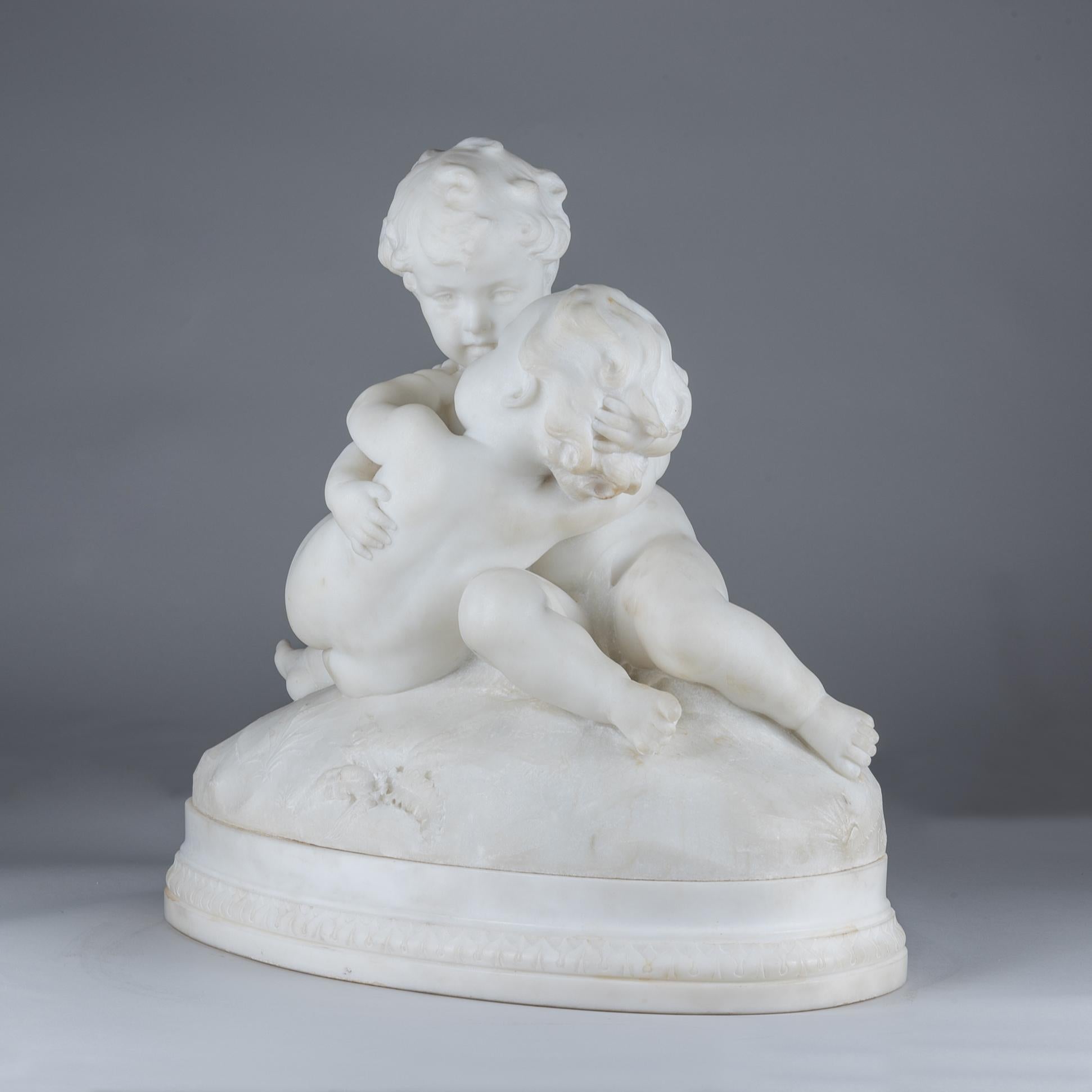Carved Italian White Marble Sculpture of Two Cherubs Embracing by Puji