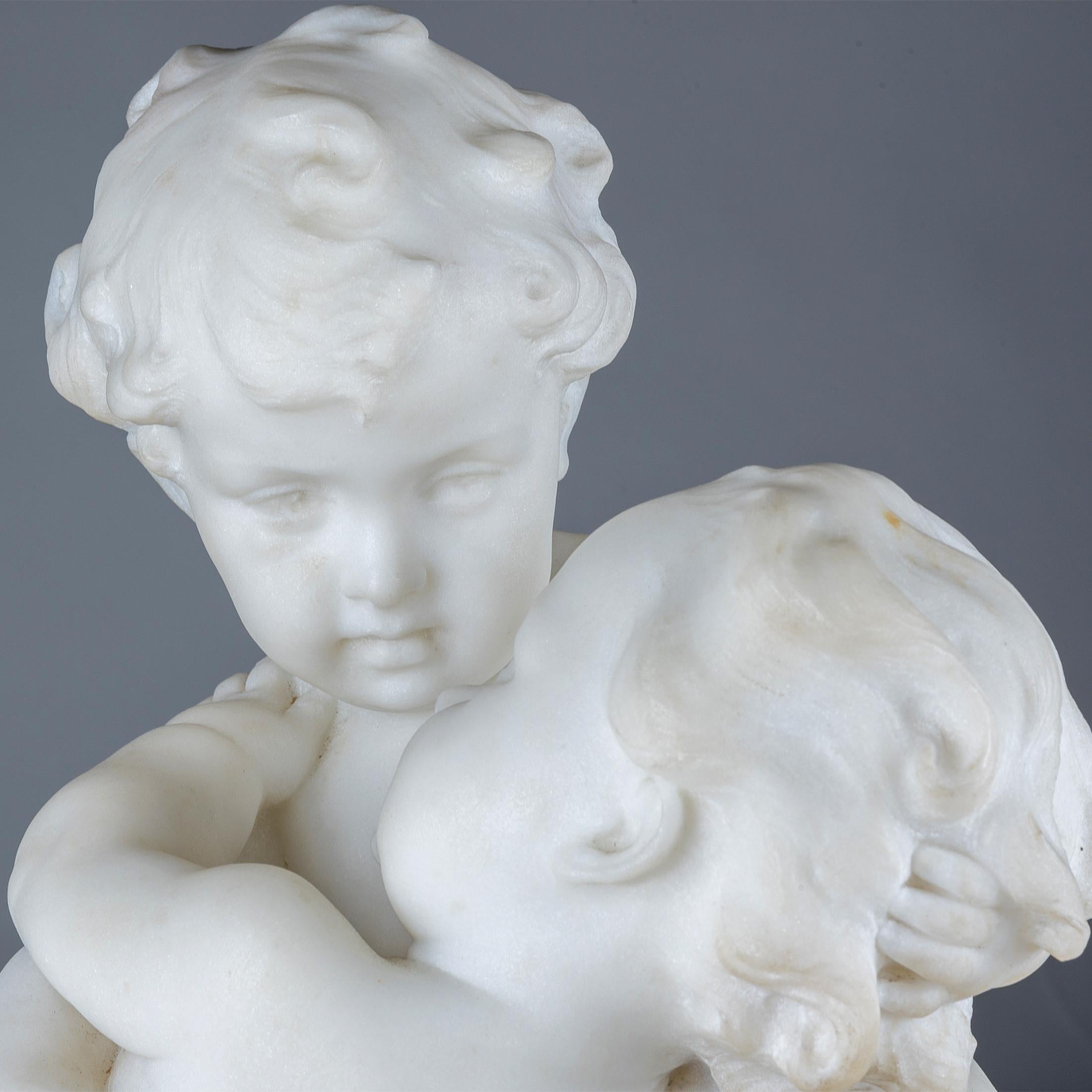 Italian White Marble Sculpture of Two Cherubs Embracing by Puji In Good Condition In New York, NY