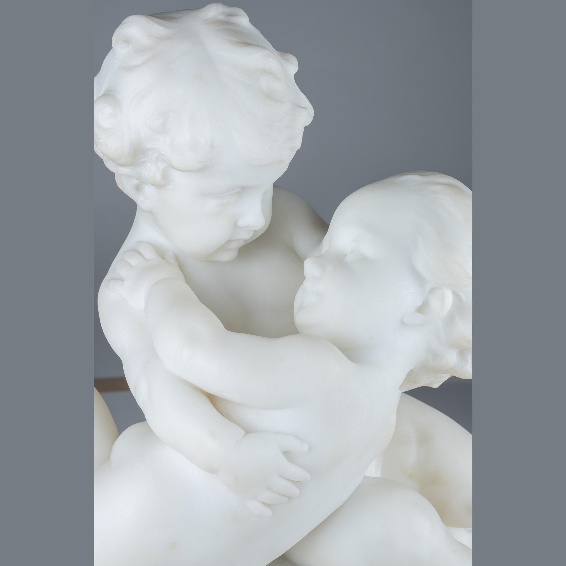 19th Century Italian White Marble Sculpture of Two Cherubs Embracing by Puji