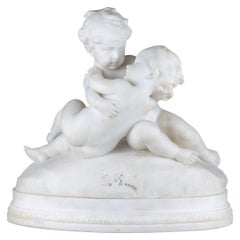 Italian White Marble Sculpture of Two Cherubs Embracing by Puji