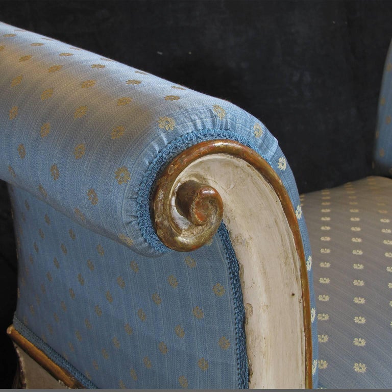 Carved 19th Century Italian White Painted Wood Benches with Light Blue Upholstering For Sale
