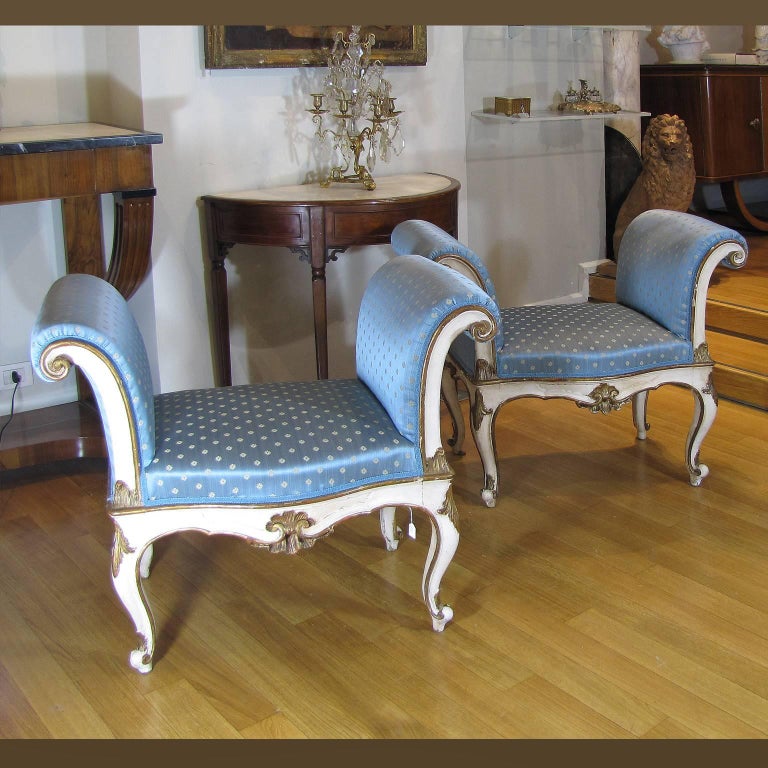 Early 19th Century 19th Century Italian White Painted Wood Benches with Light Blue Upholstering For Sale