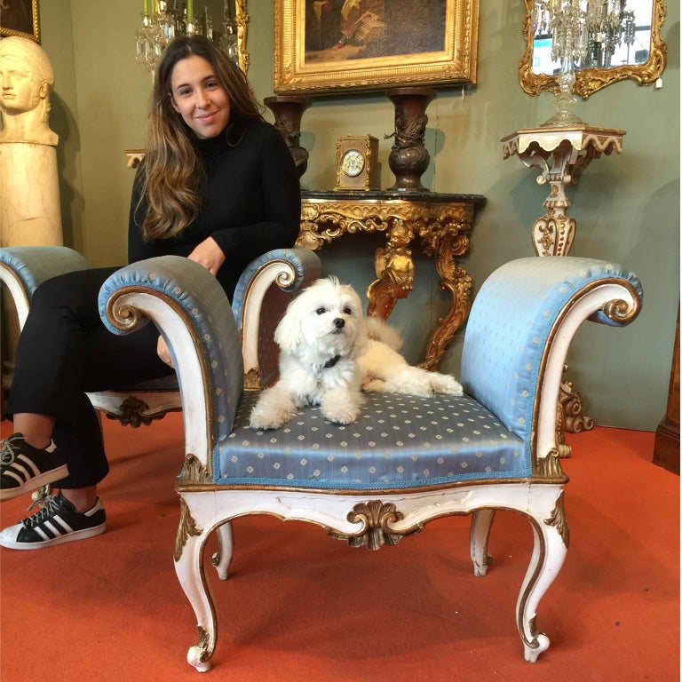 Upholstery 19th Century Italian White Painted Wood Benches with Light Blue Upholstering For Sale