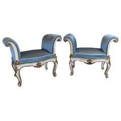19th Century Italian White Painted Wood Benches with Light Blue Upholstering