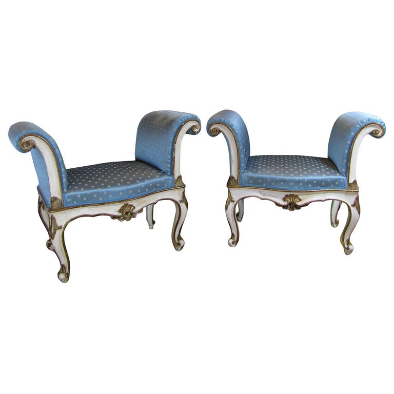 19th Century Italian White Painted Wood Benches with Light Blue Upholstering For Sale