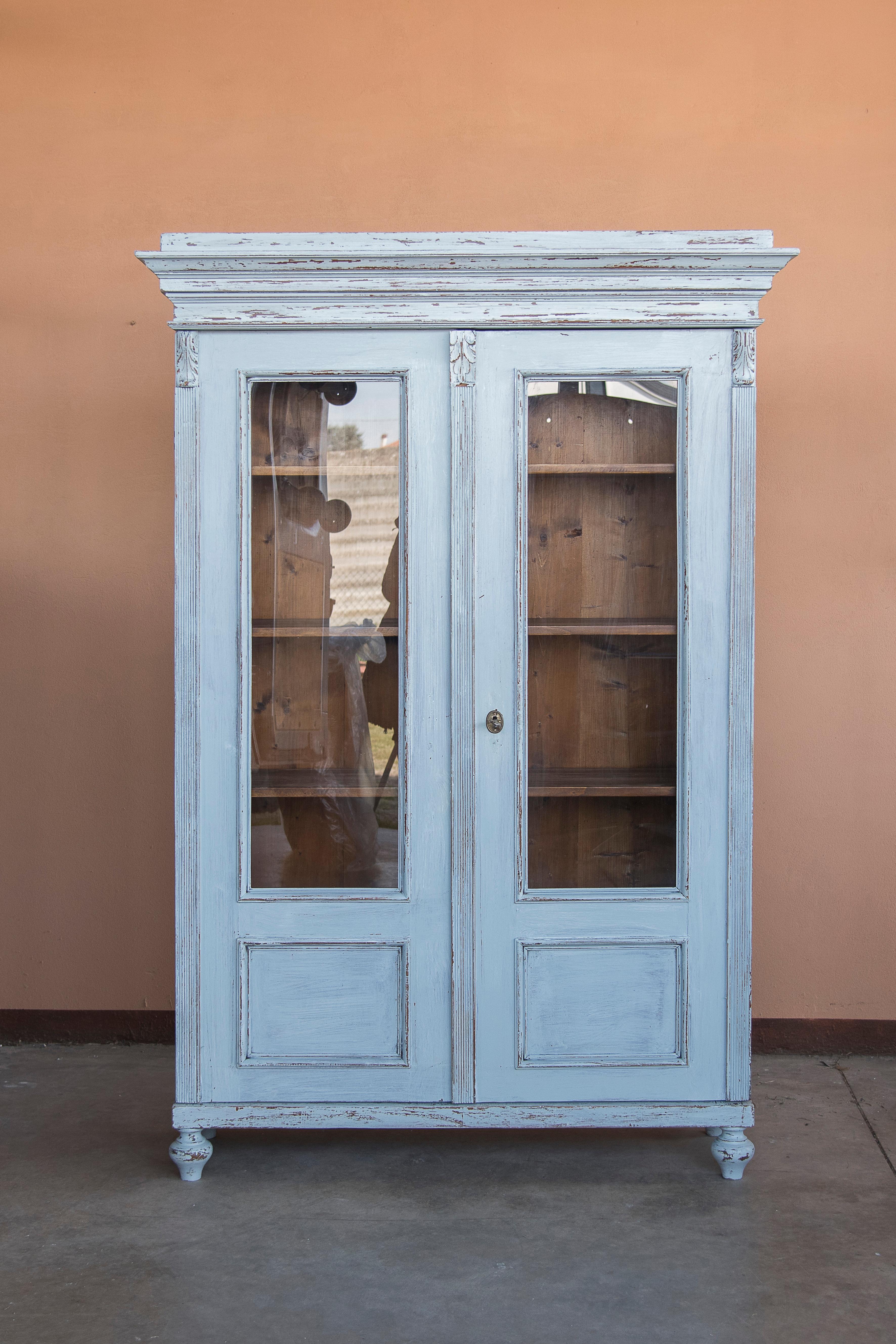 Wood 19th Century Italian Light Blue Shabby Bookcases Cupboards with Windows Set of 2 For Sale