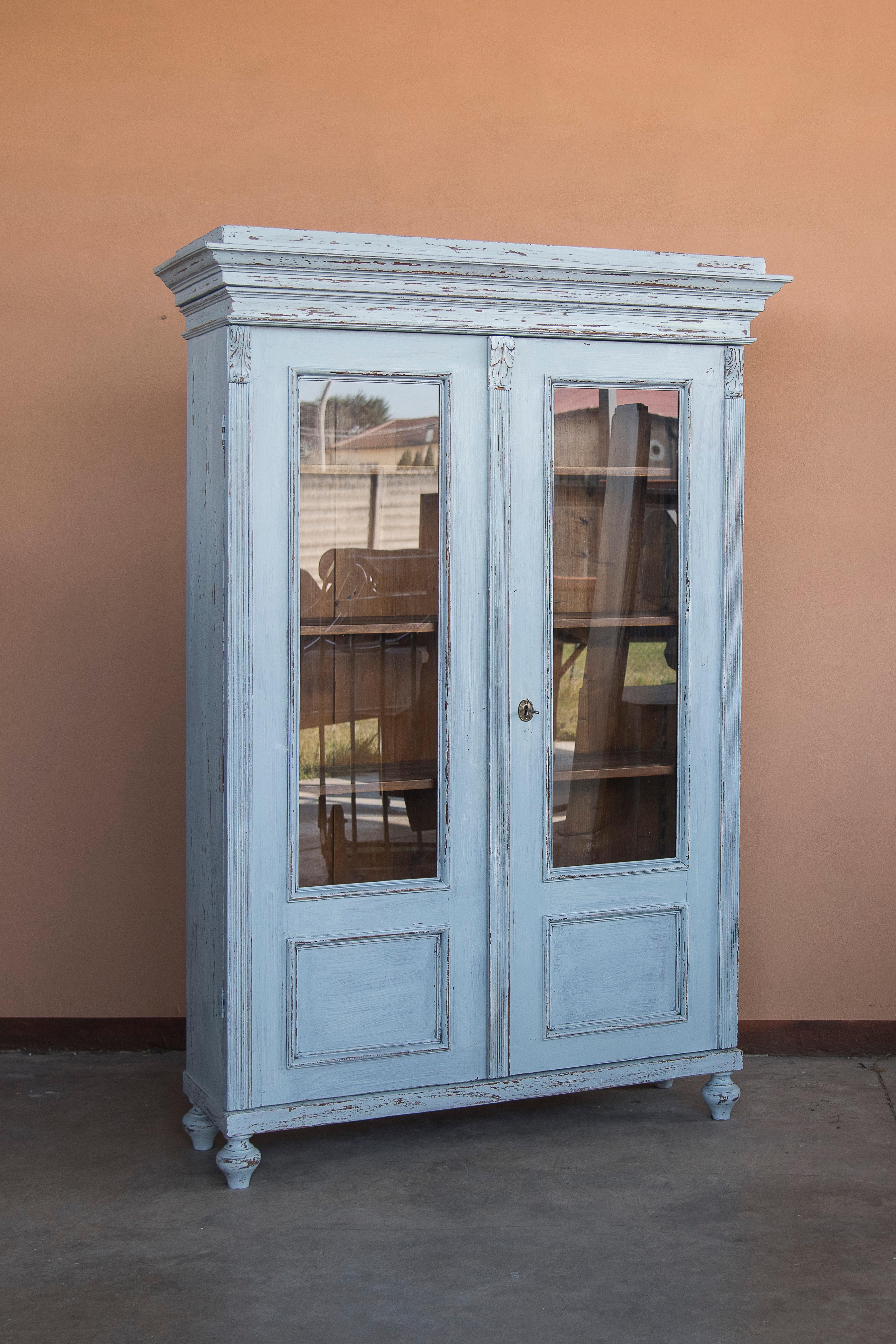 19th Century Italian Light Blue Shabby Bookcases Cupboards with Windows Set of 2 For Sale 1