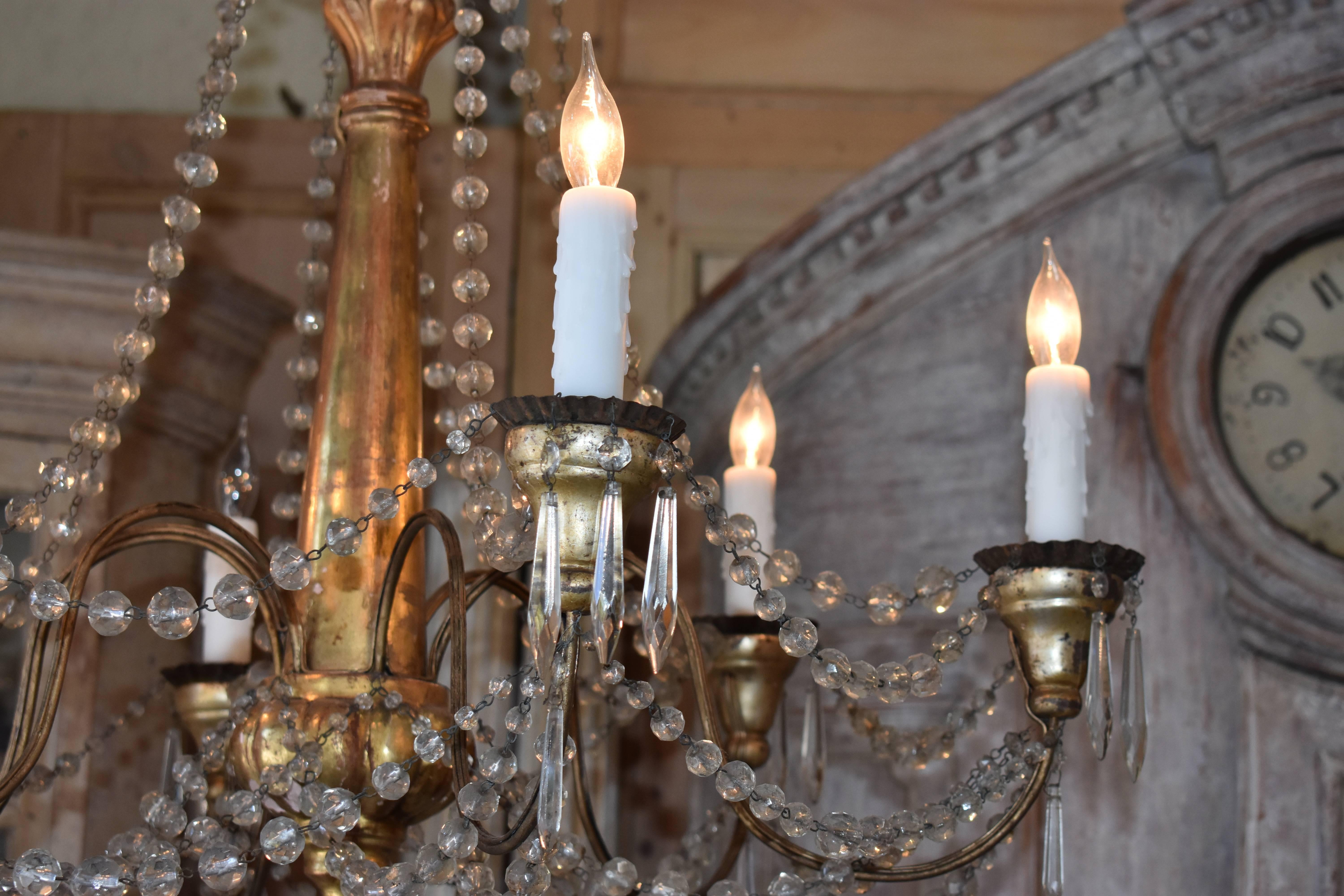 19th Century Italian Wood and Crystal Chandelier In Good Condition For Sale In Encinitas, CA