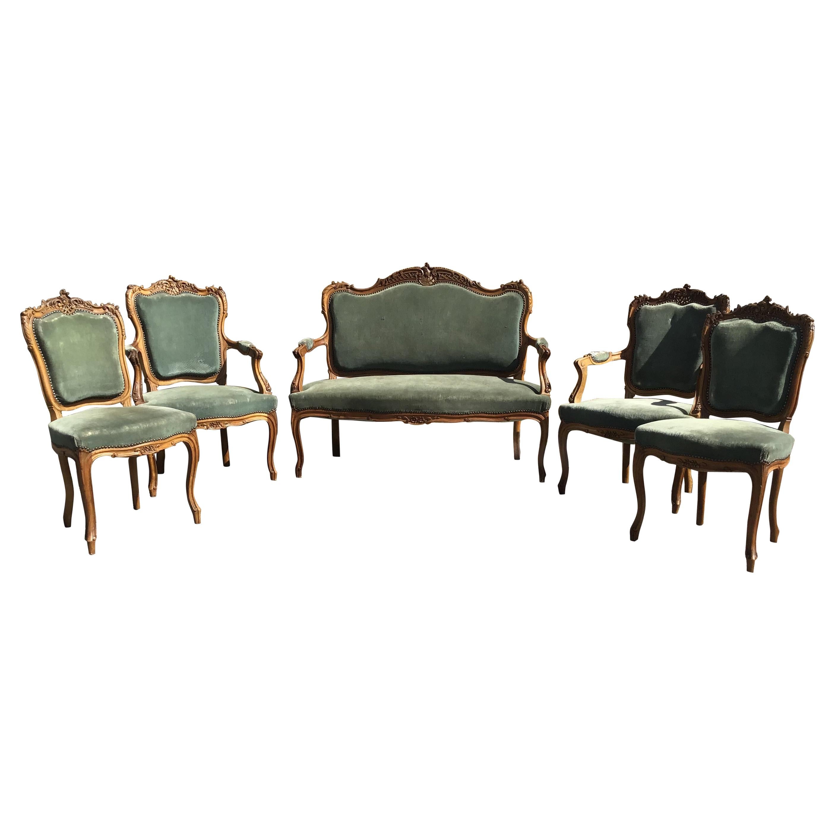 19th Century Italian Wooden and Velvet Living Room Set, 1890s For Sale