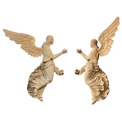 19th Century Italian Wooden Angels Relief, Antique Basswood Wall Decor