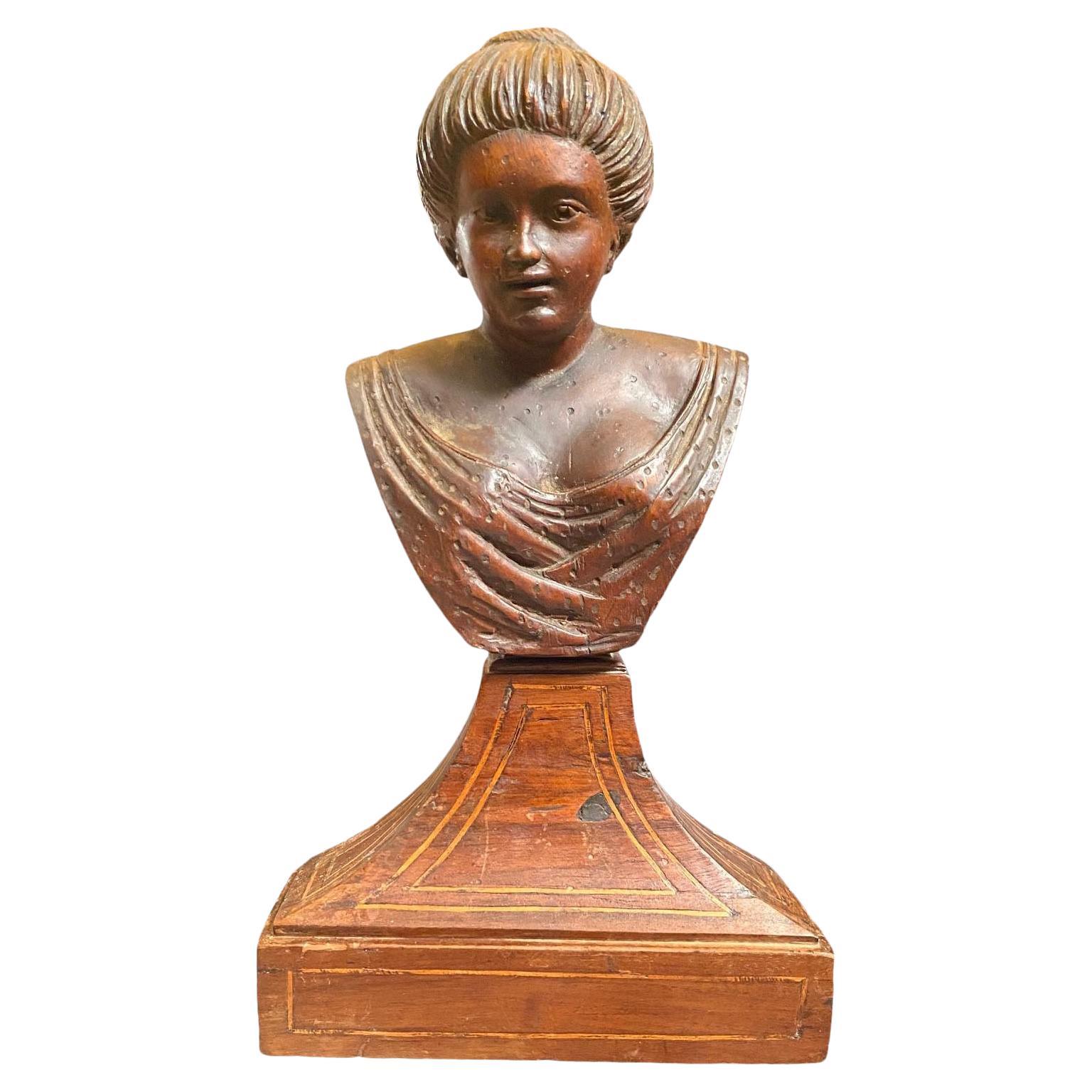 19th Century Italian Wooden Sculpture of Woman's Bust on a Base