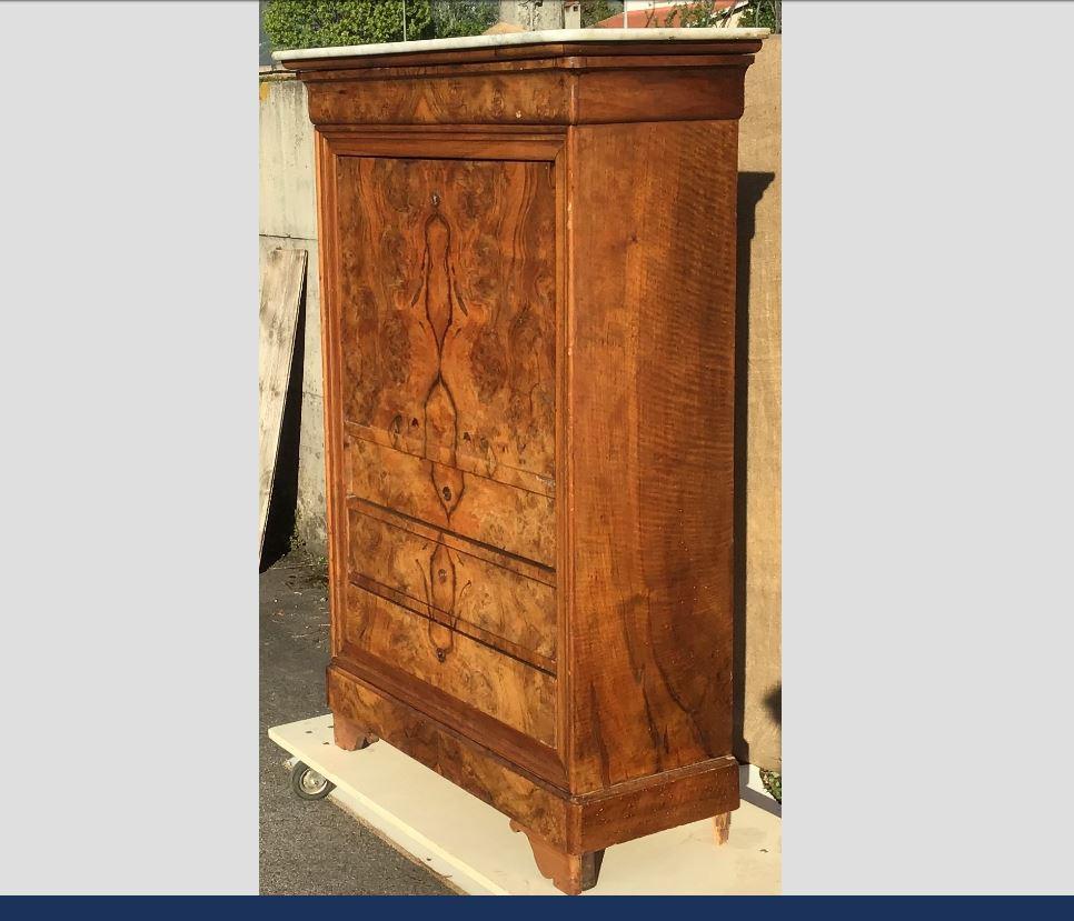 19th century Italian wooden Secretaire with drawers and marble top, 1890s.