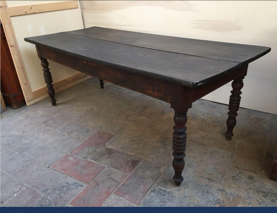 19th century Italian wooden table with turned legs and black painted top. 1890s.