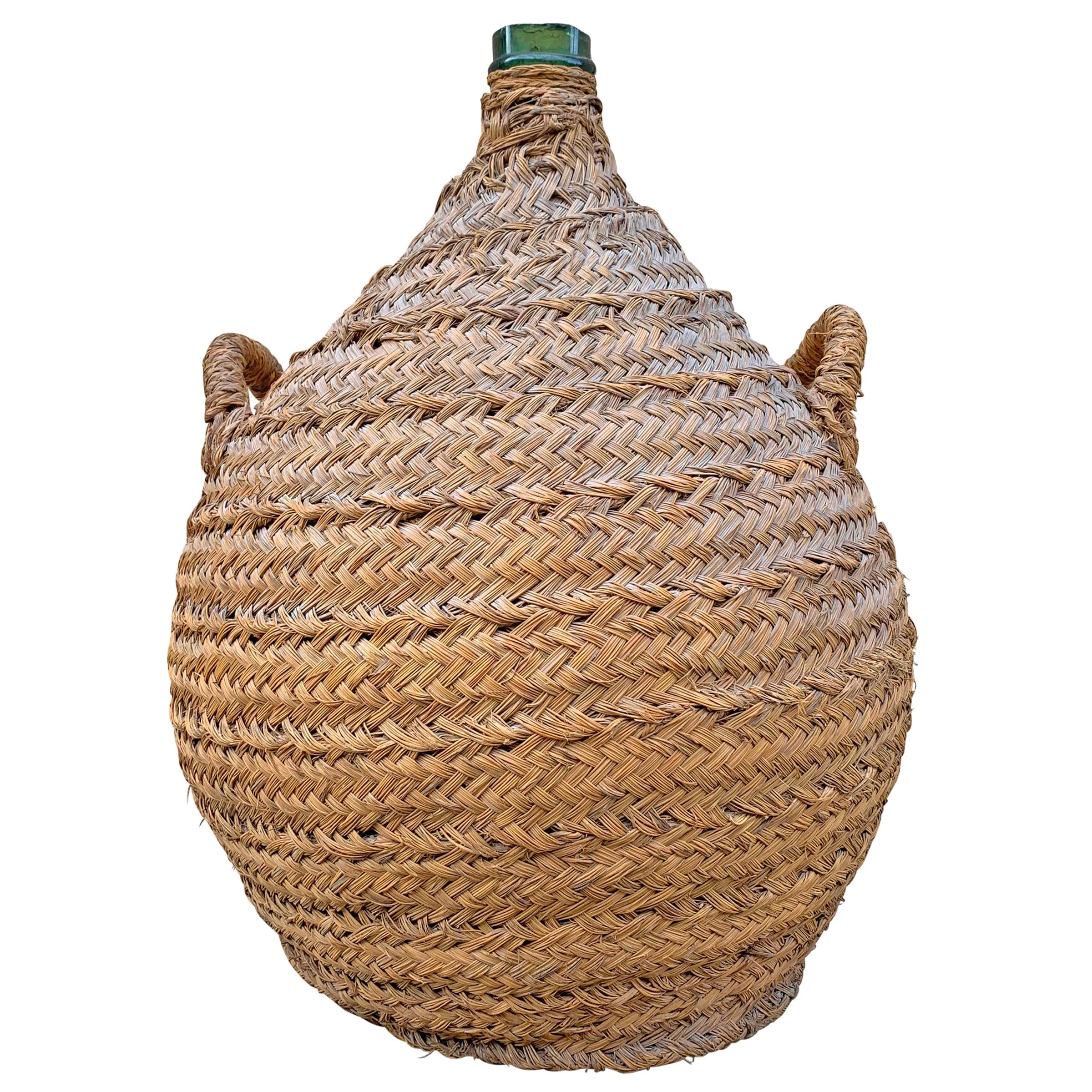 19th Century Italian Woven Wicker Covered Wine Jar