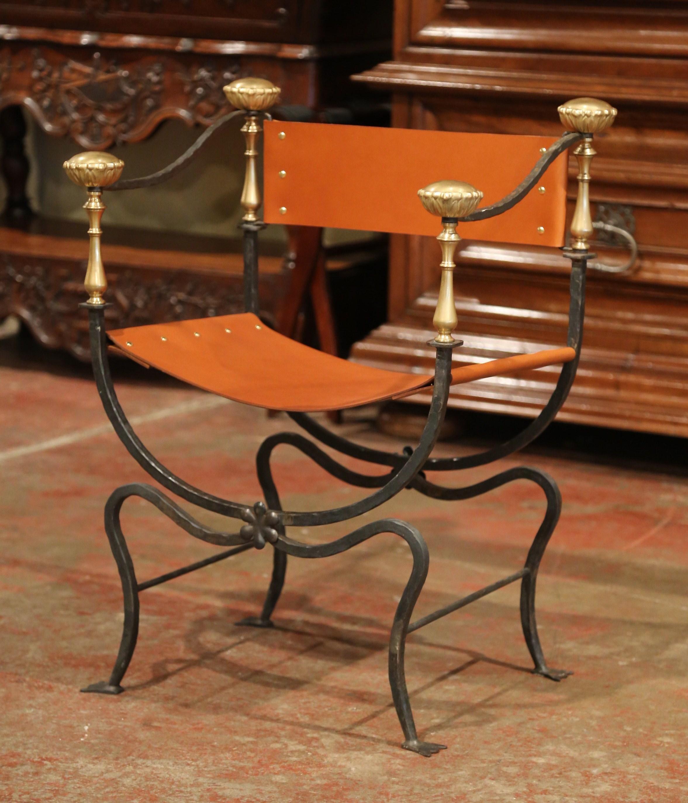 19th Century Italian Wrought Iron, Bronze and Tan Leather Campaign Armchair In Excellent Condition In Dallas, TX