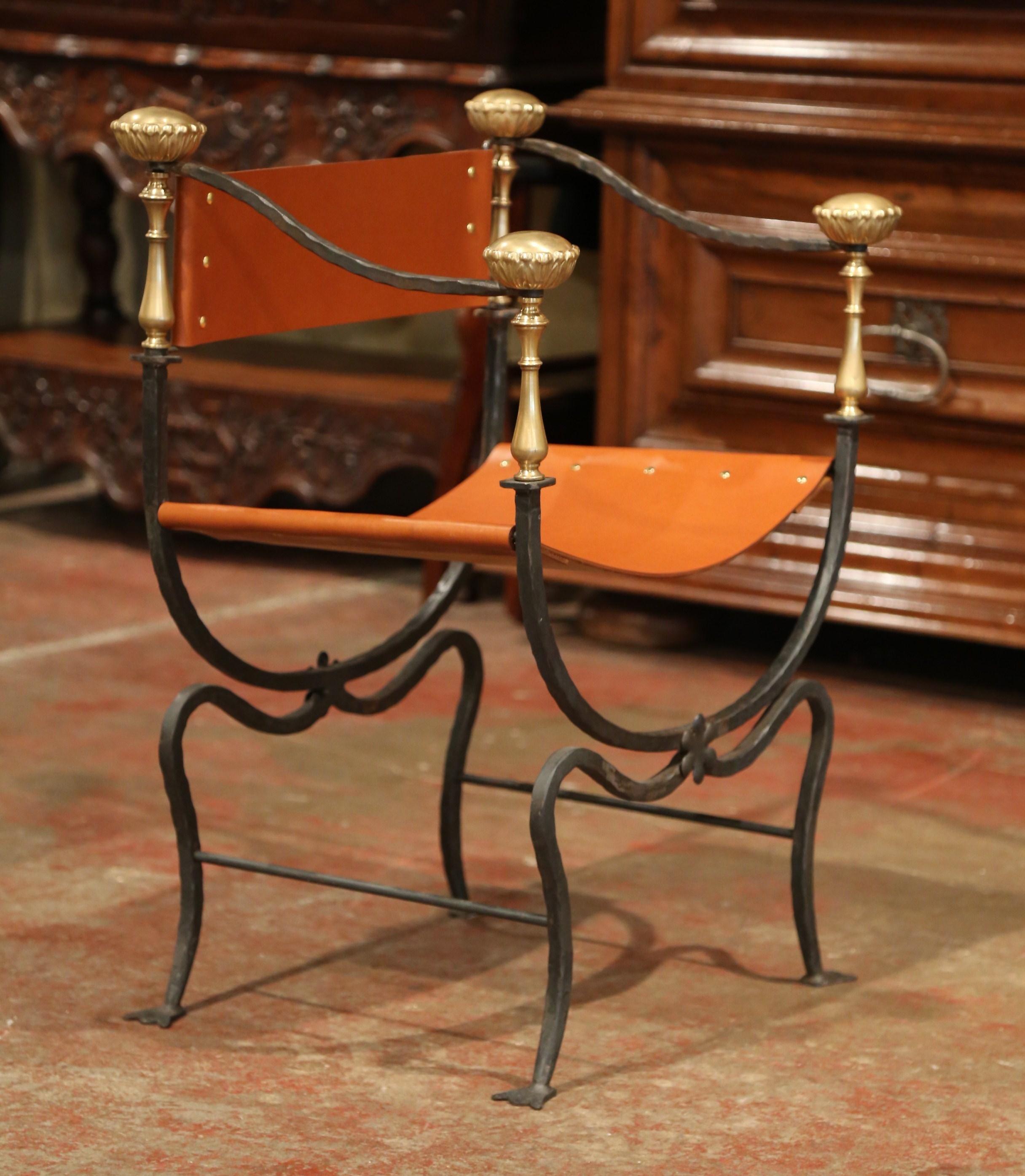 19th Century Italian Wrought Iron, Bronze and Tan Leather Campaign Armchair 2