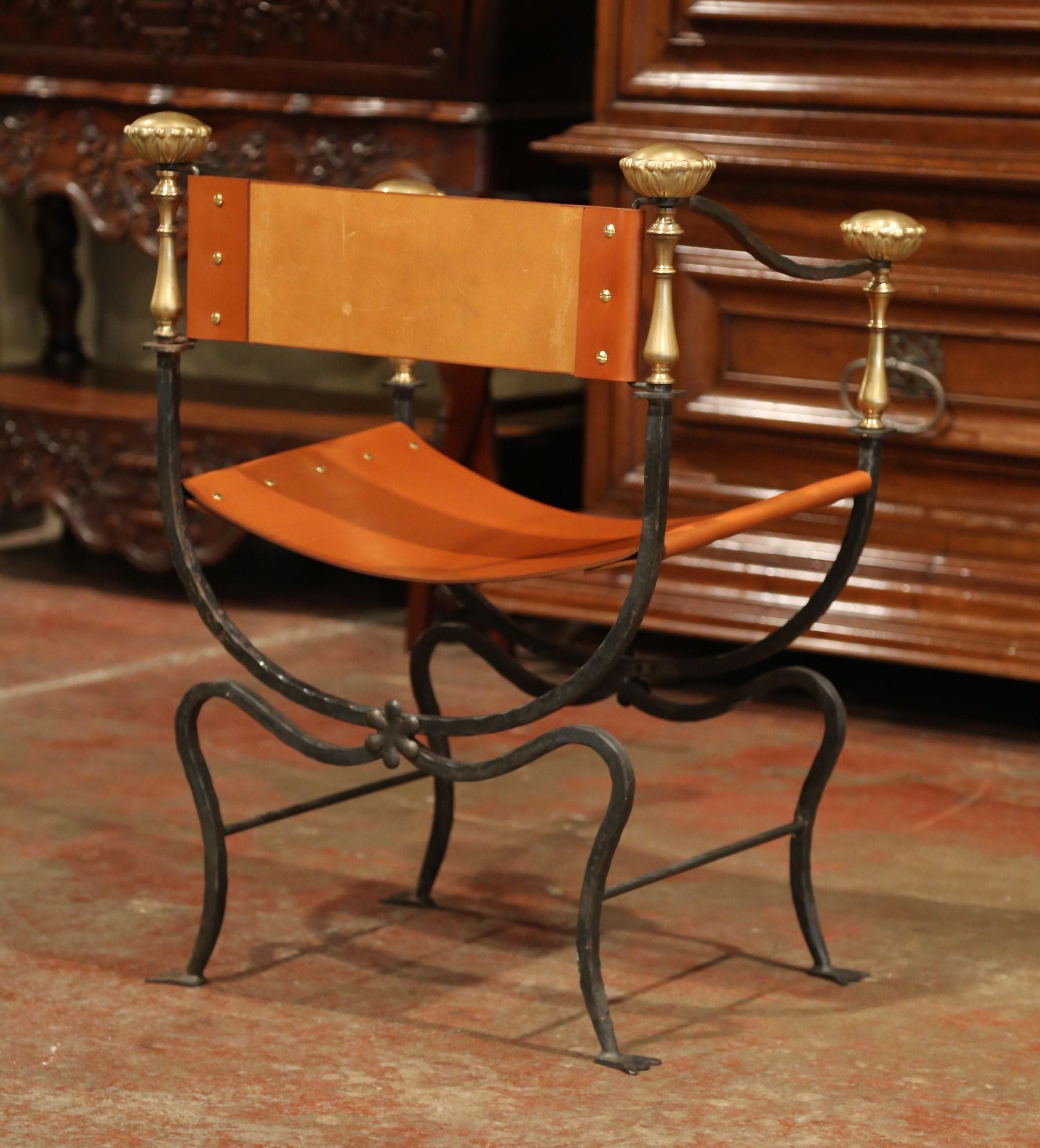 19th Century Italian Wrought Iron, Bronze and Tan Leather Campaign Armchair 3