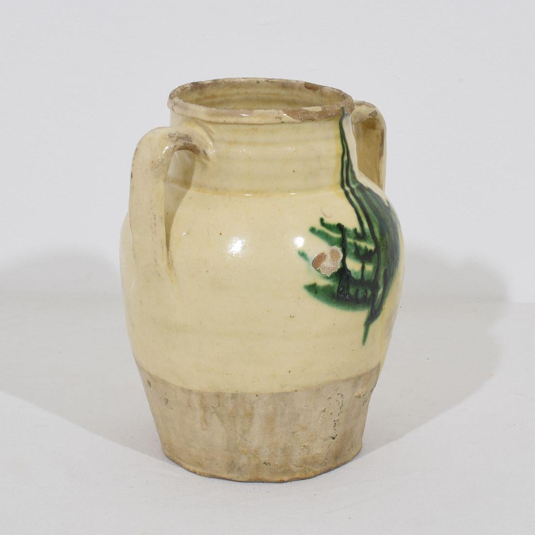 Hand-Crafted 19th Century, Italian Yellow/ Green Glazed Earthenware Jug/Jar For Sale