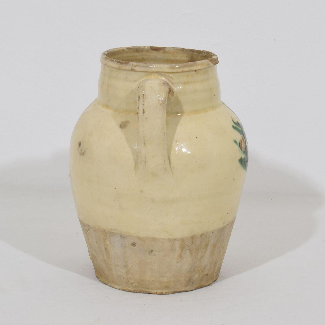 19th Century, Italian Yellow/ Green Glazed Earthenware Jug/Jar In Good Condition For Sale In Buisson, FR