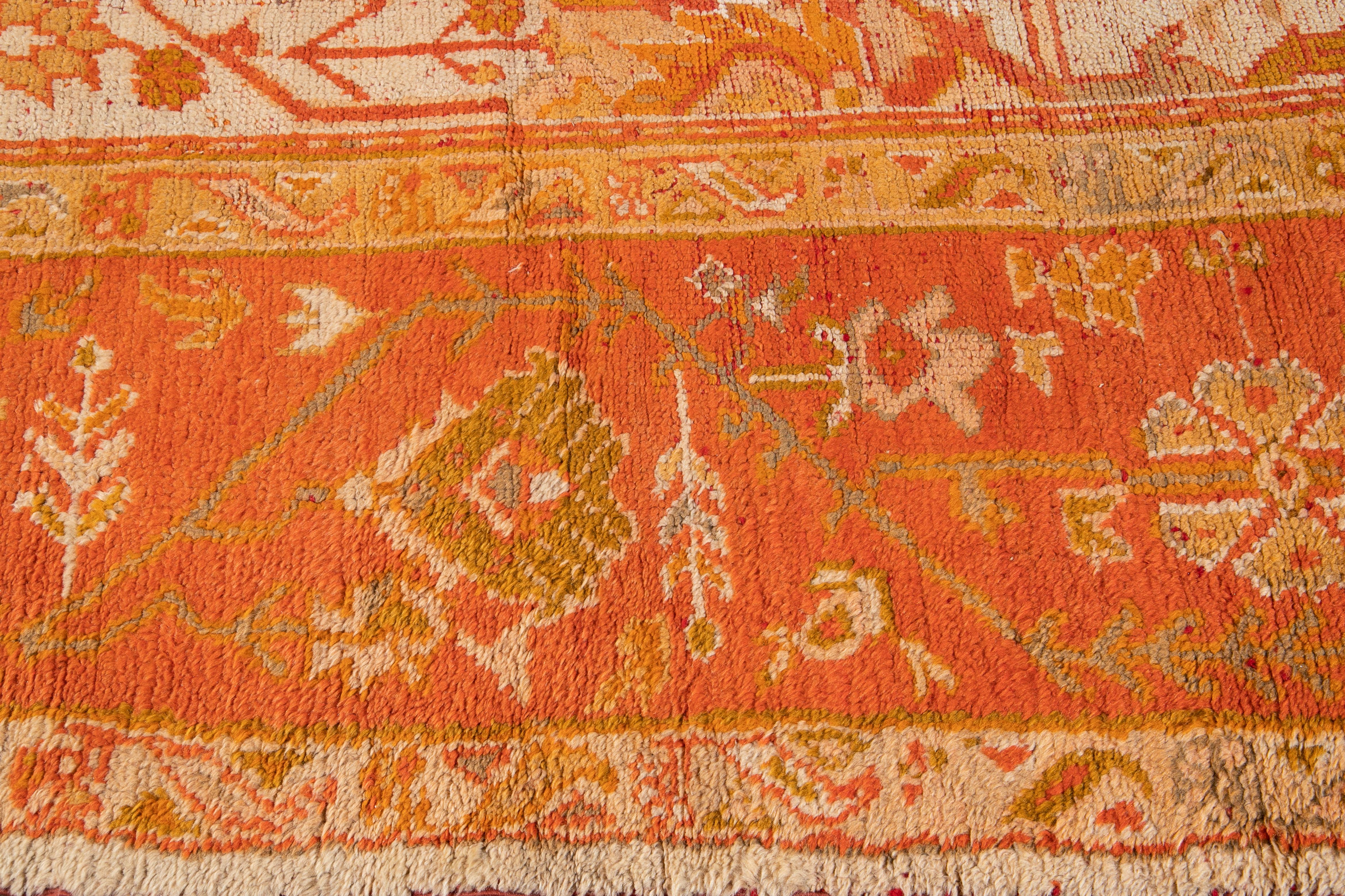 19th Century Ivory and Orange Turkish Oushak Rug For Sale 2