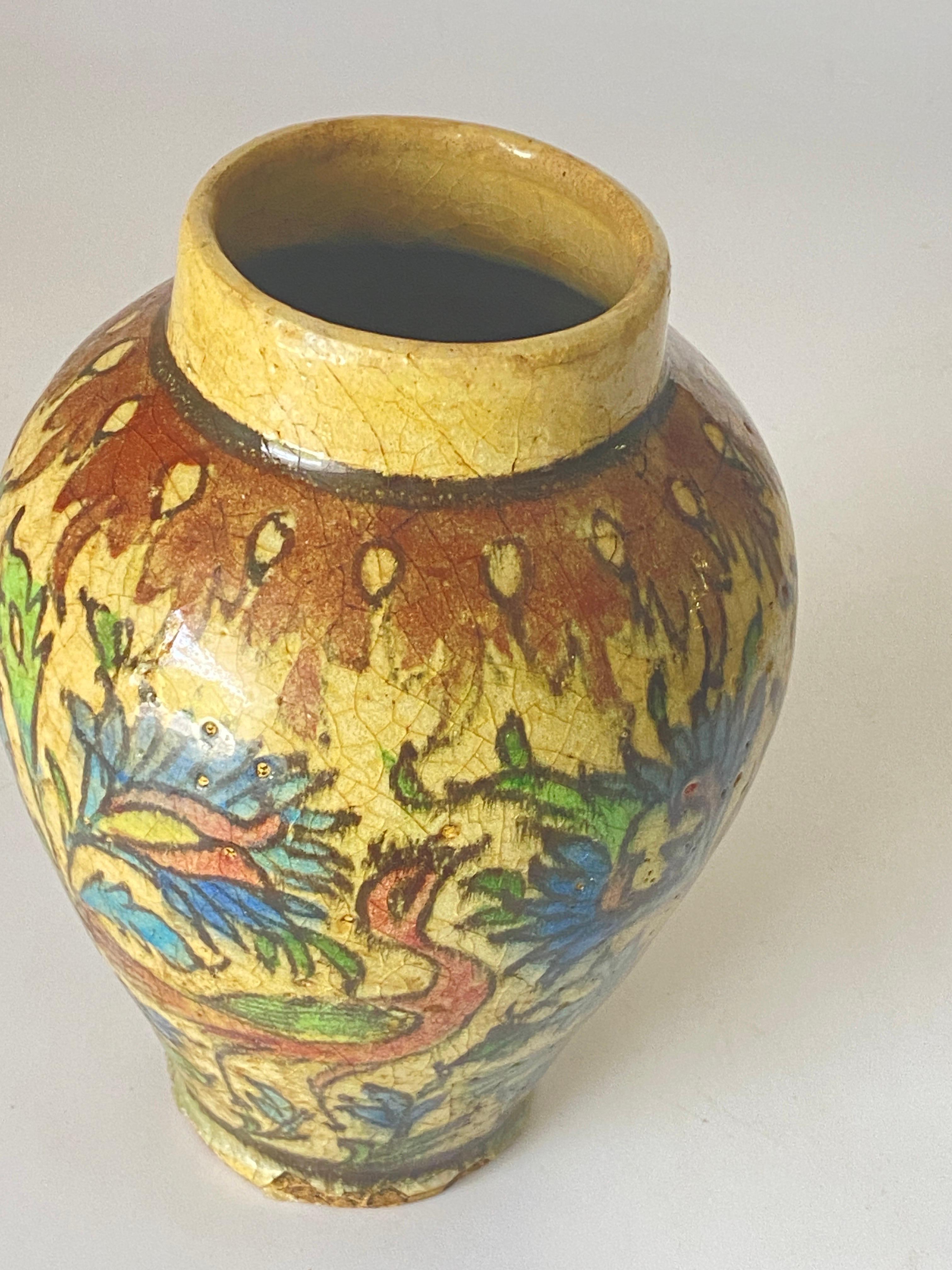 Ceramic 19th Century Iznik Vase in Pottery with Bird Decor Brown Green For Sale