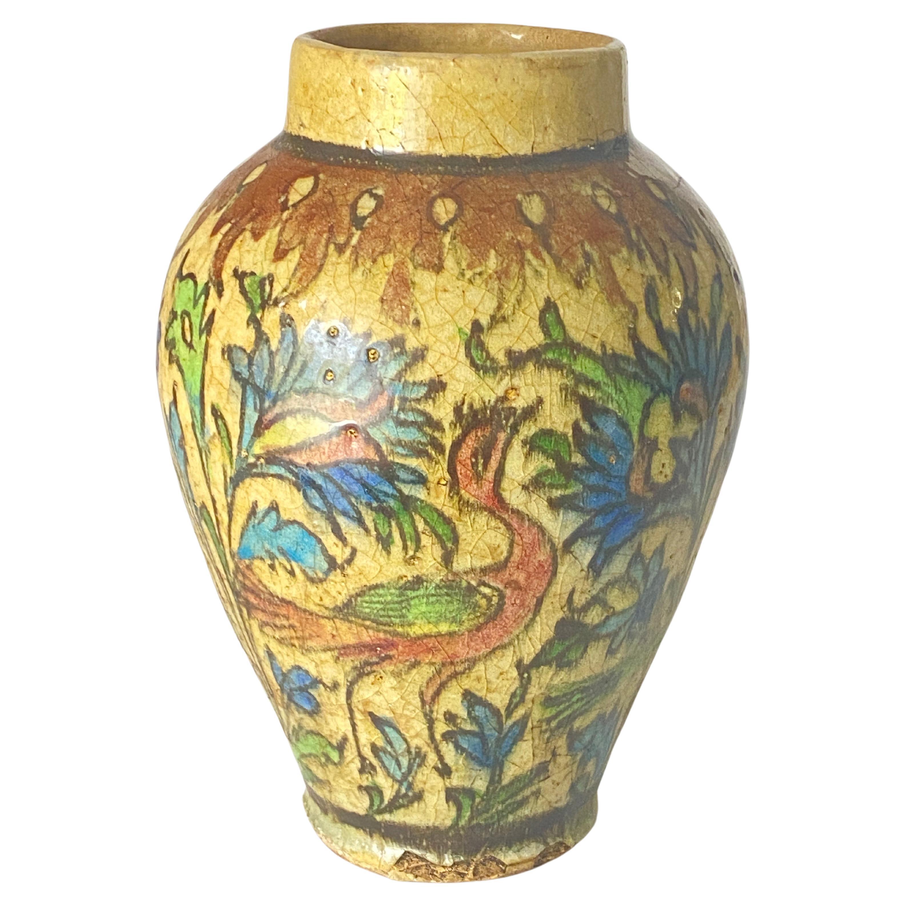 19th Century Iznik Vase in Pottery with Bird Decor Brown Green For Sale