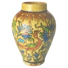 Antique 19th Century Iznik Vase in Pottery with Bird Decor Brown Green