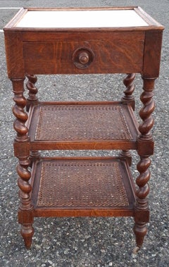19th Century Jacobean Barley Twist Tiger Oak, Caned and Marble Inset Side Table