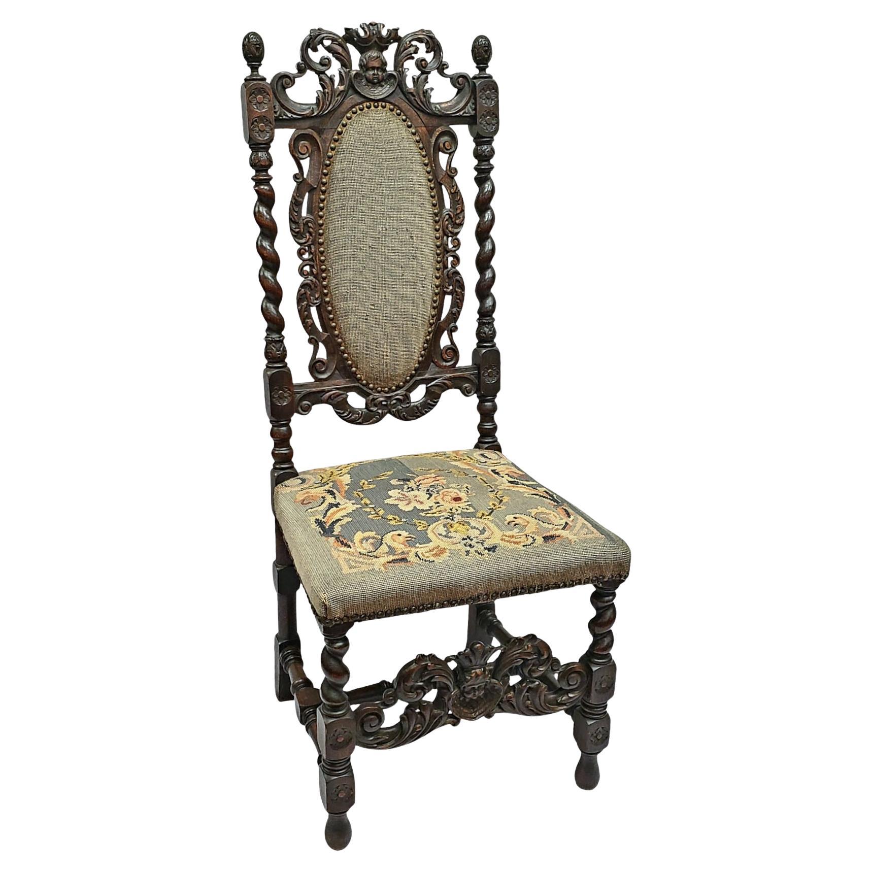 Chaise de salle du 19e siècle en chêne sculpté à l'aiguille et de style jacobéen en vente