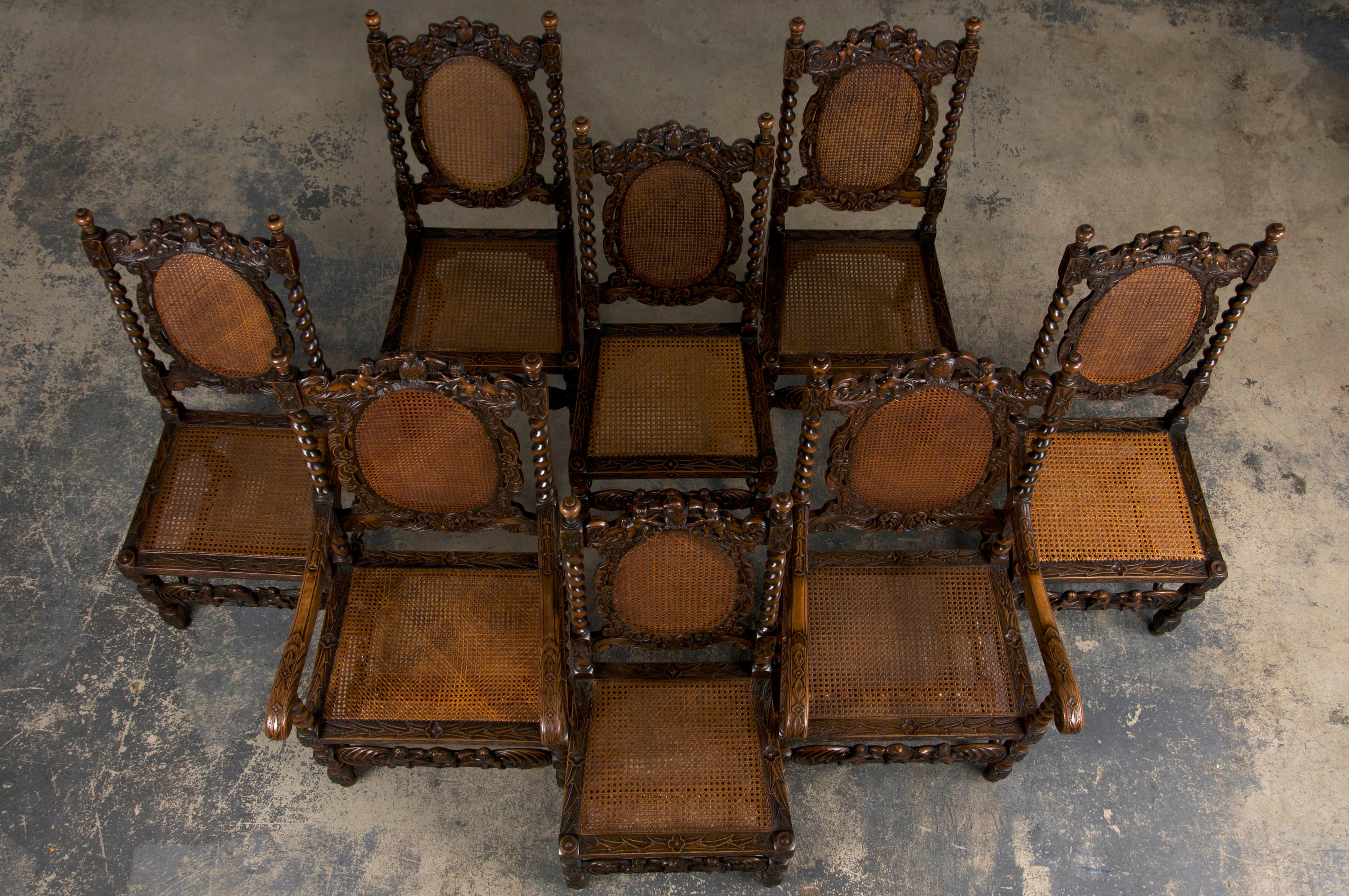English 19th Century Jacobean Renaissance Style Walnut and Cane Dining Chairs - Set of 8