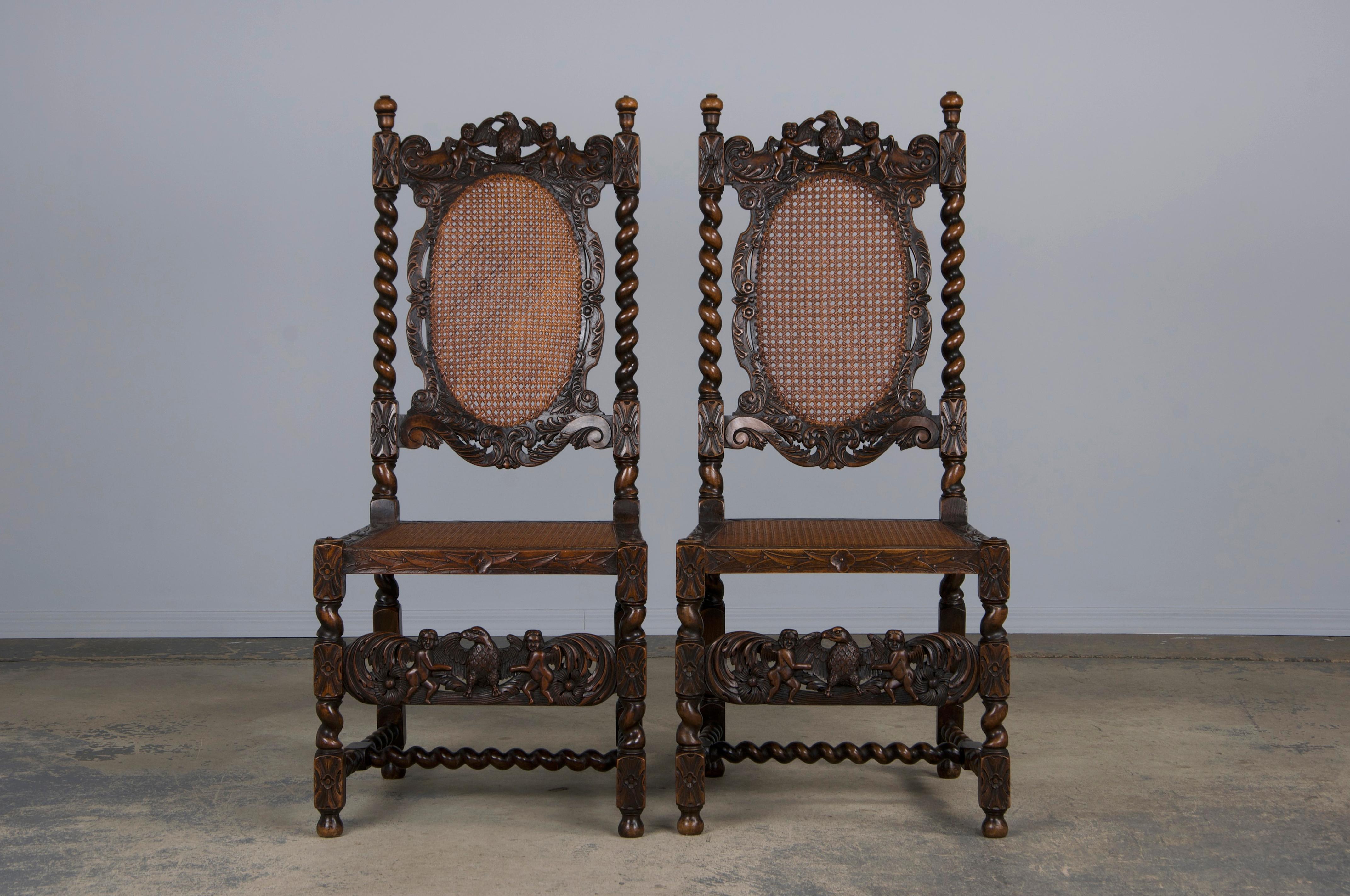 Hand-Carved 19th Century Jacobean Renaissance Style Walnut and Cane Dining Chairs - Set of 8