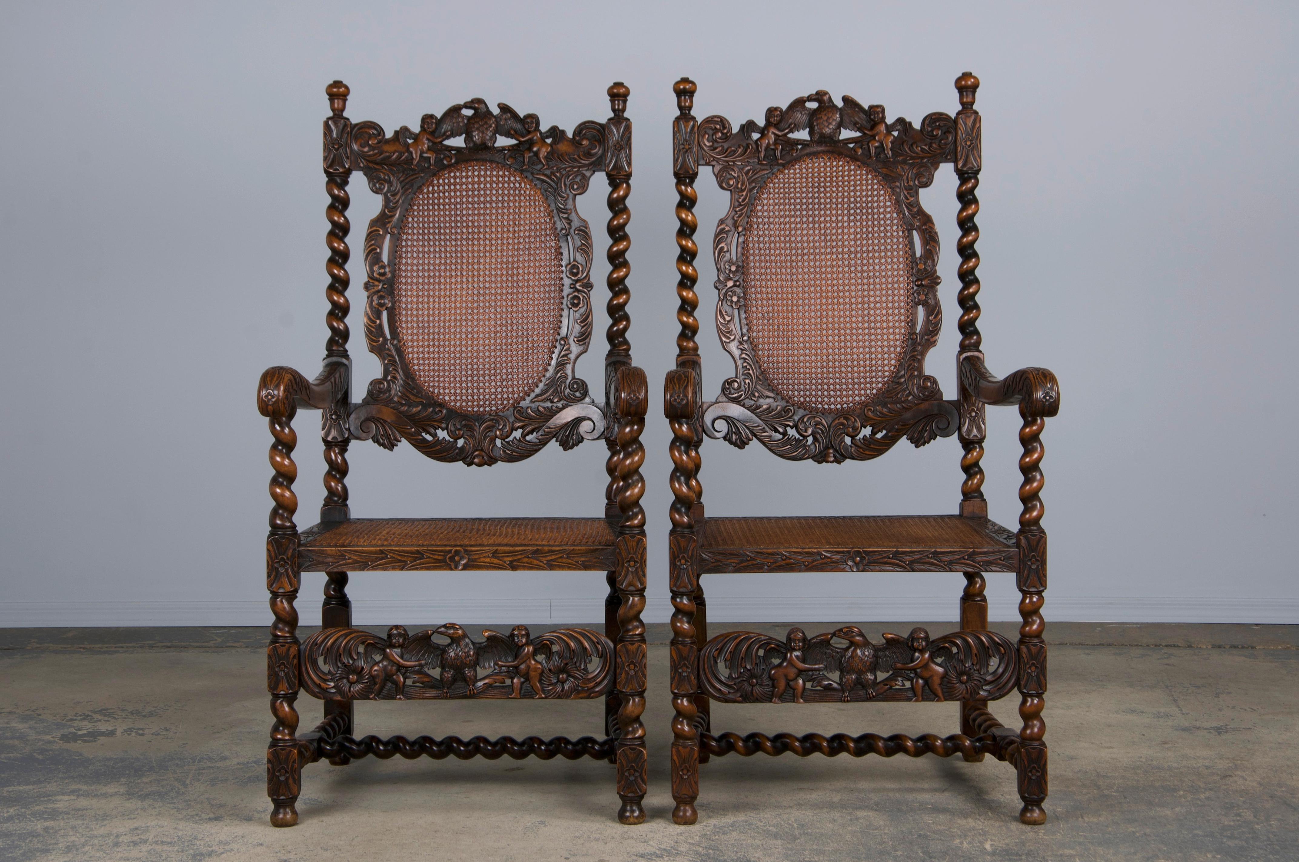 19th Century Jacobean Renaissance Style Walnut and Cane Dining Chairs - Set of 8 1