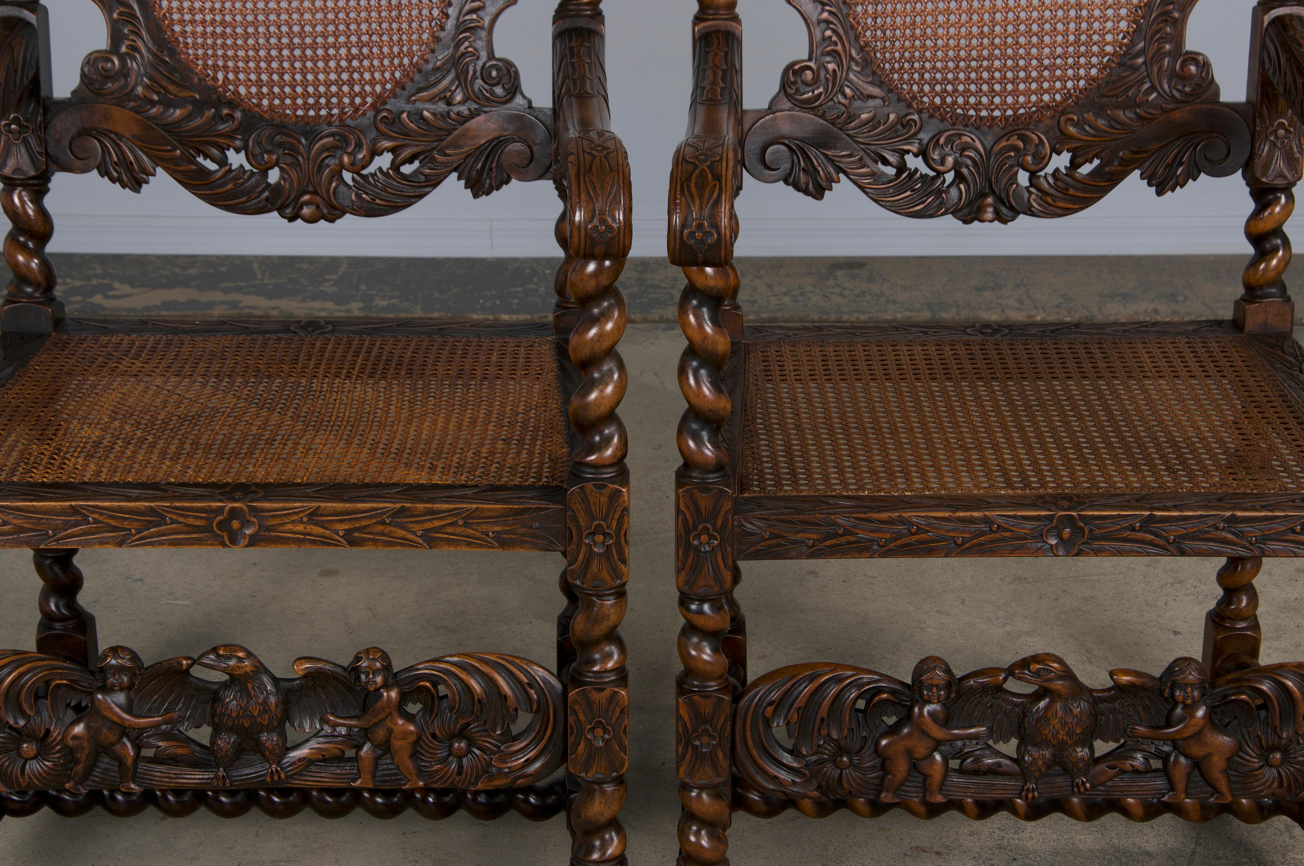 19th Century Jacobean Renaissance Style Walnut and Cane Dining Chairs - Set of 8 2