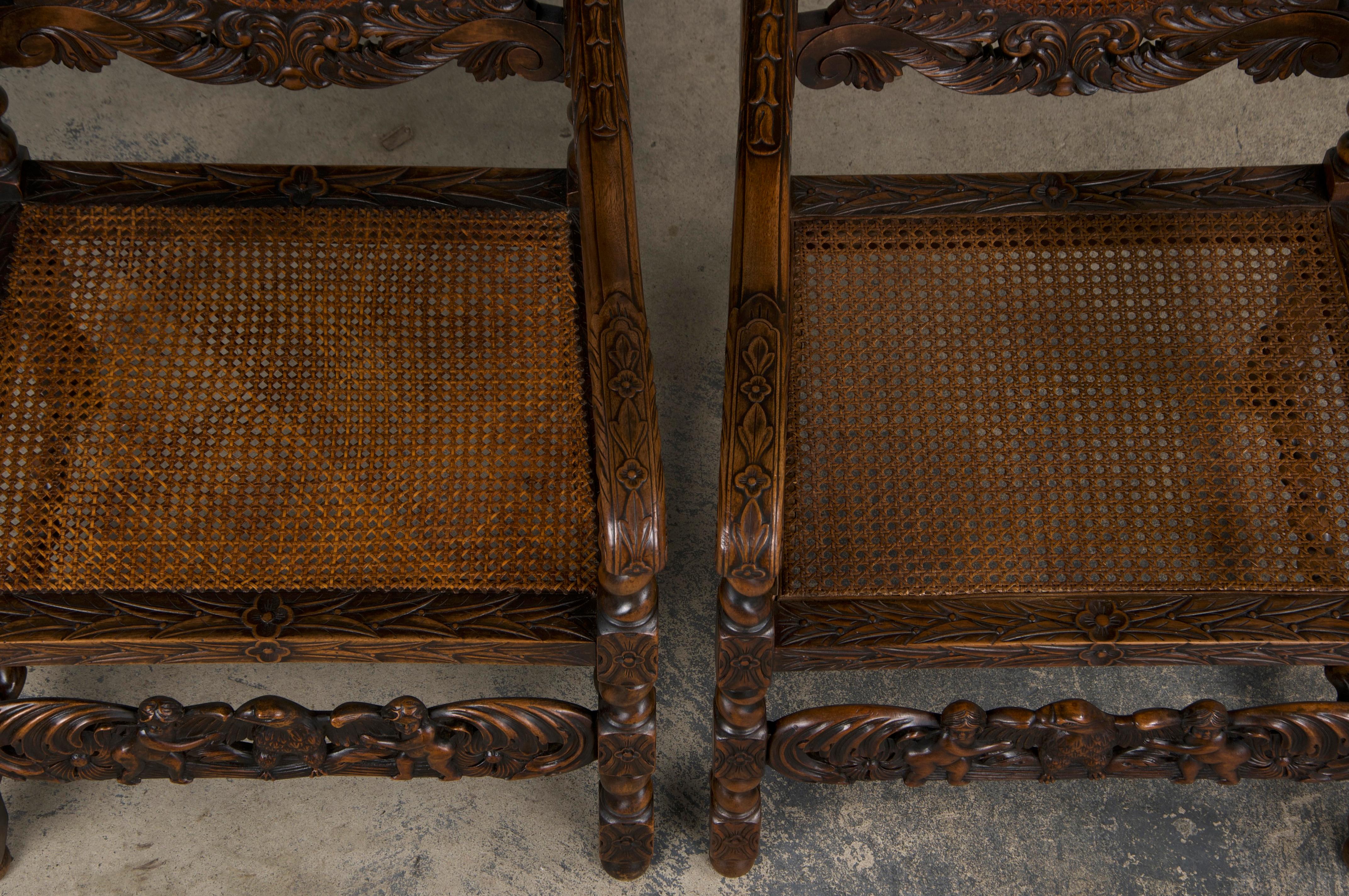 19th Century Jacobean Renaissance Style Walnut and Cane Dining Chairs - Set of 8 3