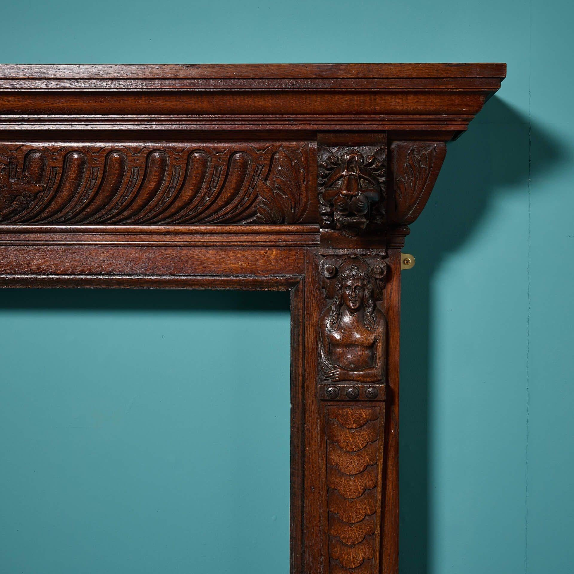 English 19th Century Jacobean Style Antique Oak Fire Mantel For Sale