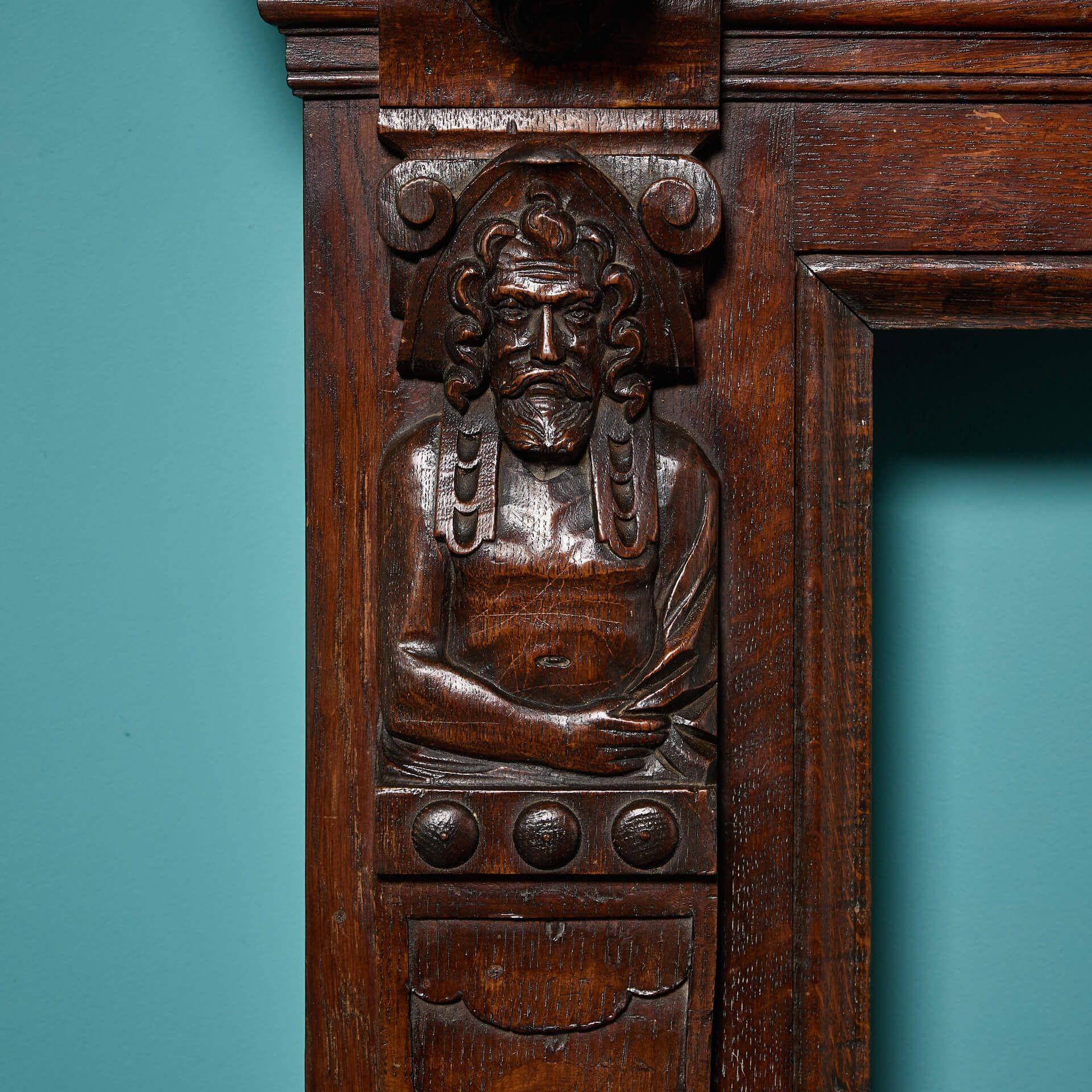 Hand-Carved 19th Century Jacobean Style Antique Oak Fire Mantel For Sale