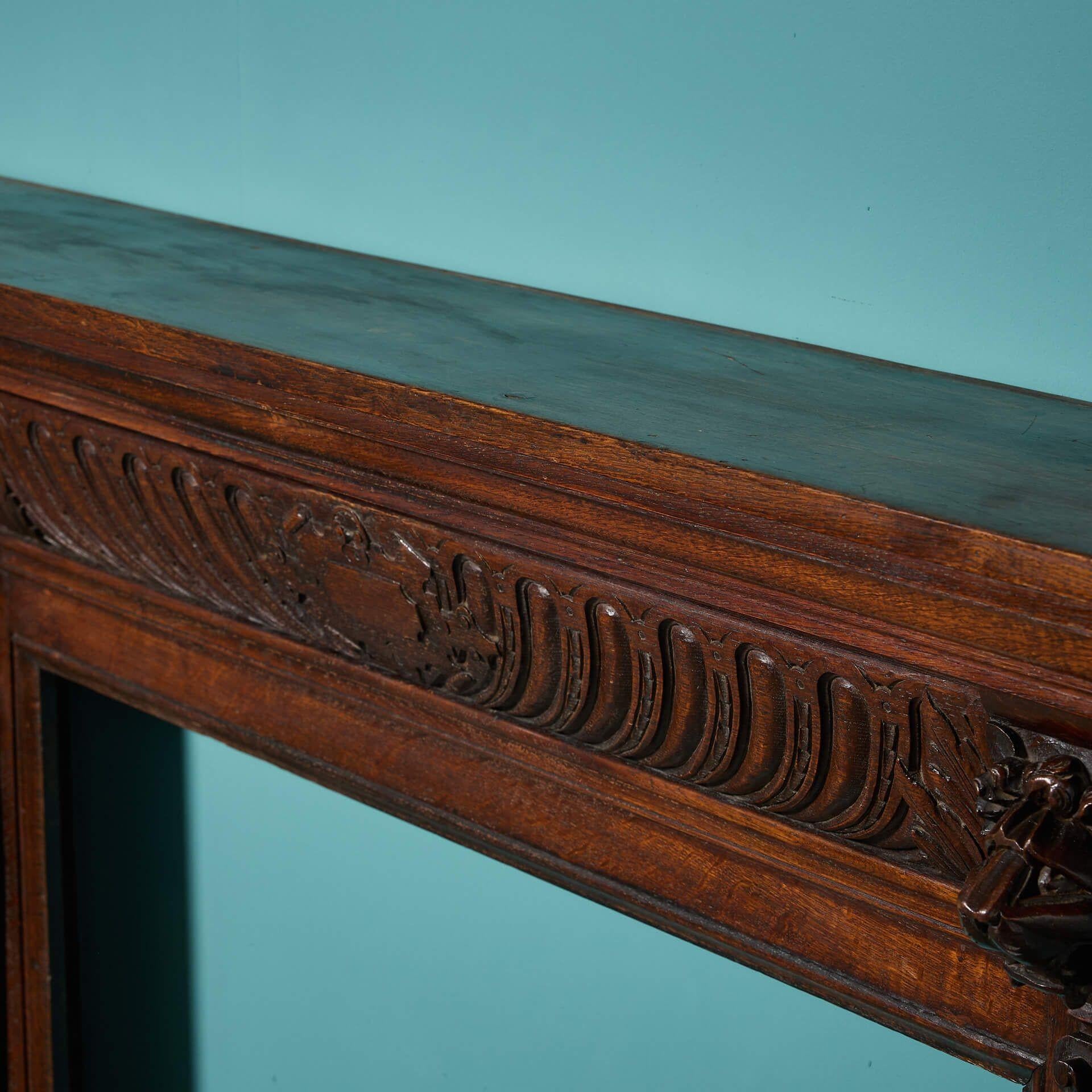 19th Century Jacobean Style Antique Oak Fire Mantel In Fair Condition For Sale In Wormelow, Herefordshire